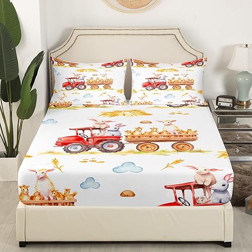 Miniatura 2 de Erosebridal Sábanas de cama de tractor rojo, sábana bajera para camión de granja, tamaño individual, 2 piezas, ropa de cama de animales de granja,