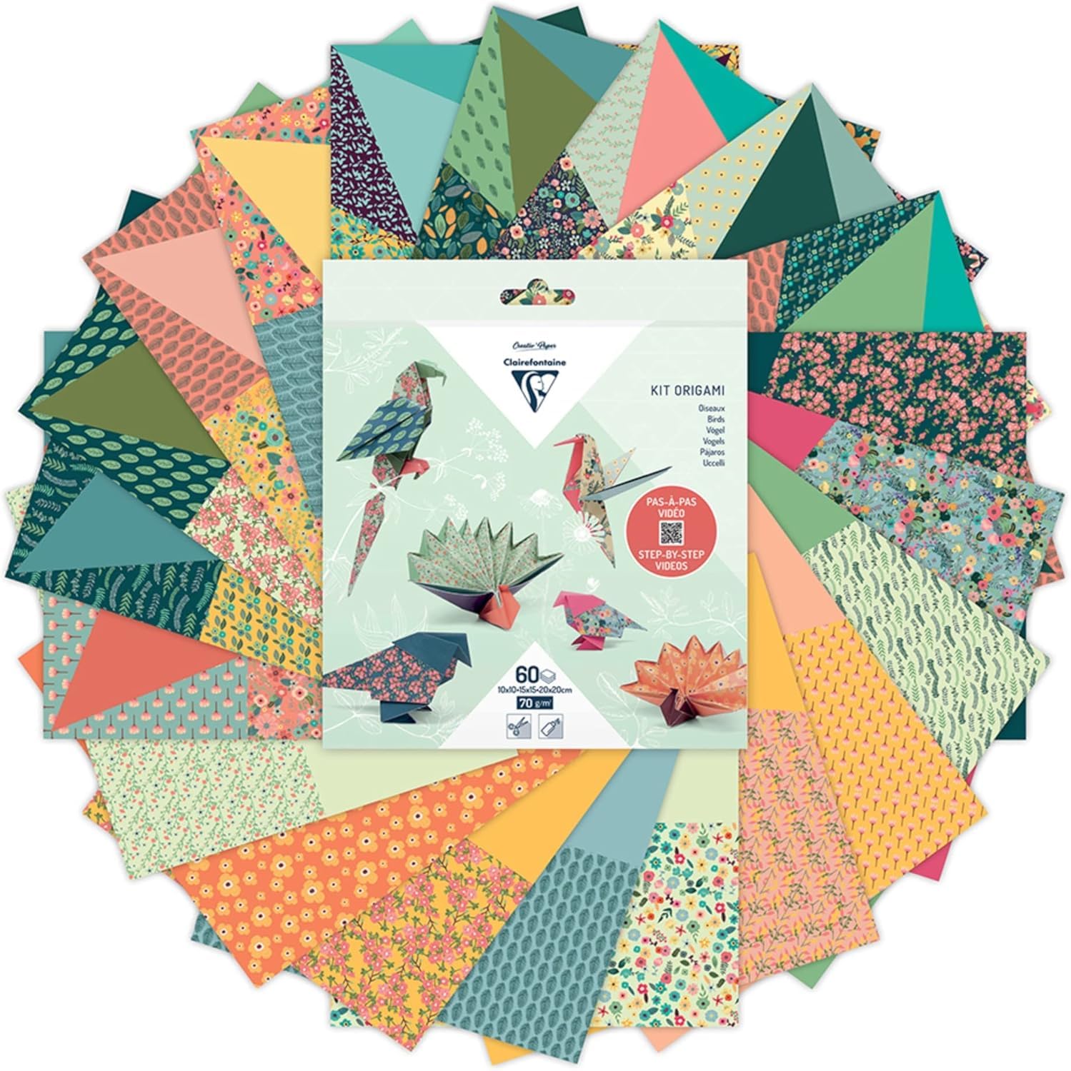 Clairefontaine 95382C - KIT ORIGAMI, pochette de 60 feuilles 10x10cm - 15x15cm - 20x20cm 70g, Décor Oiseaux