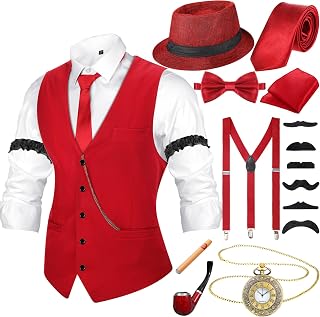 1920s Men Costume Accessories Outfit with Gangster Vest Hat Vintage Pocket Watch Bow Tie Suspenders Accessories