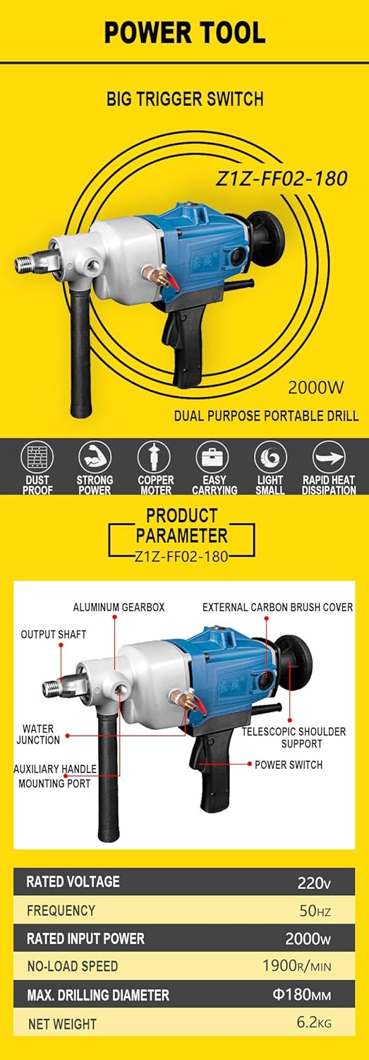 Huanyu Handheld Core Drill Rig 1900 RPM Drilling Machine for Boring Diamond Concrete (φ180MM Wet & Dry Drill)