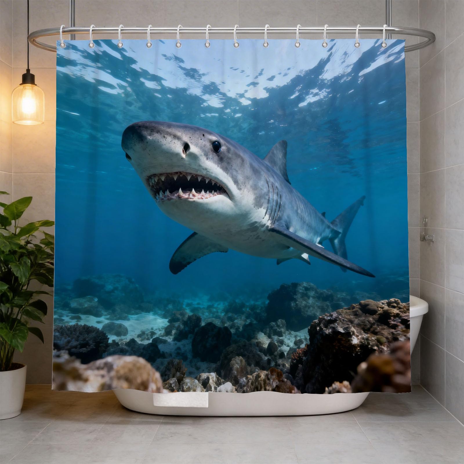 Hongduo 3D Shark Ocean Shower Curtain for Stalls Bathtubs Marine Bathroom Decor Shower Curtain Set Polyester Fabric Waterproof 200x200cm/79X79 Inch with Hooks