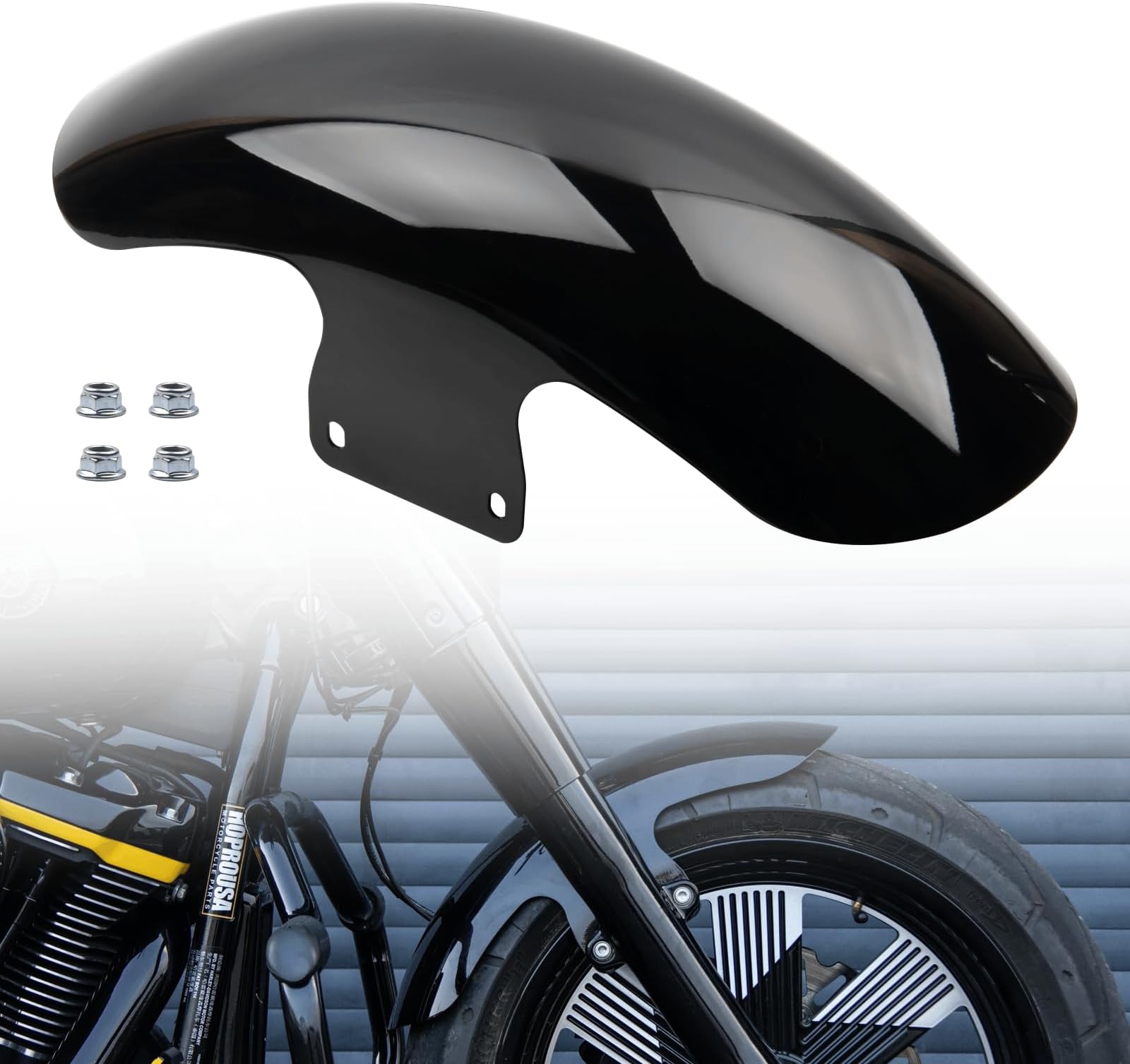 Fatboy Front Fender Compatible with '18-later Harley Fatboy 18 inch Wheel Stock Size Replacement Stainless Steel Short Front Fender (Gloss Black Finish)