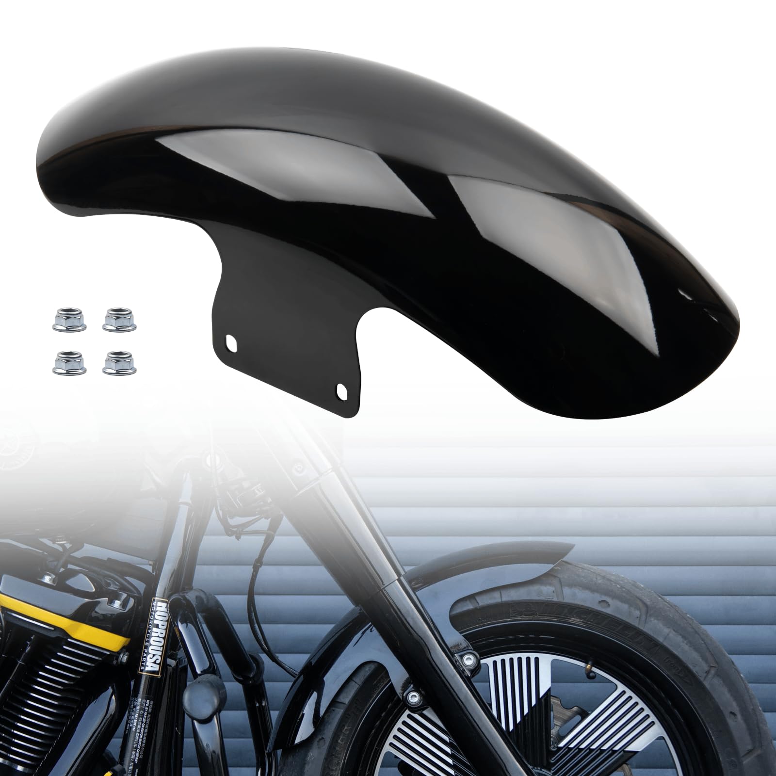 Fatboy Front Fender Compatible with '18-later Harley Fatboy 18 inch Wheel Stock Size Replacement Stainless Steel Short Front Fender (Gloss Black Finish)