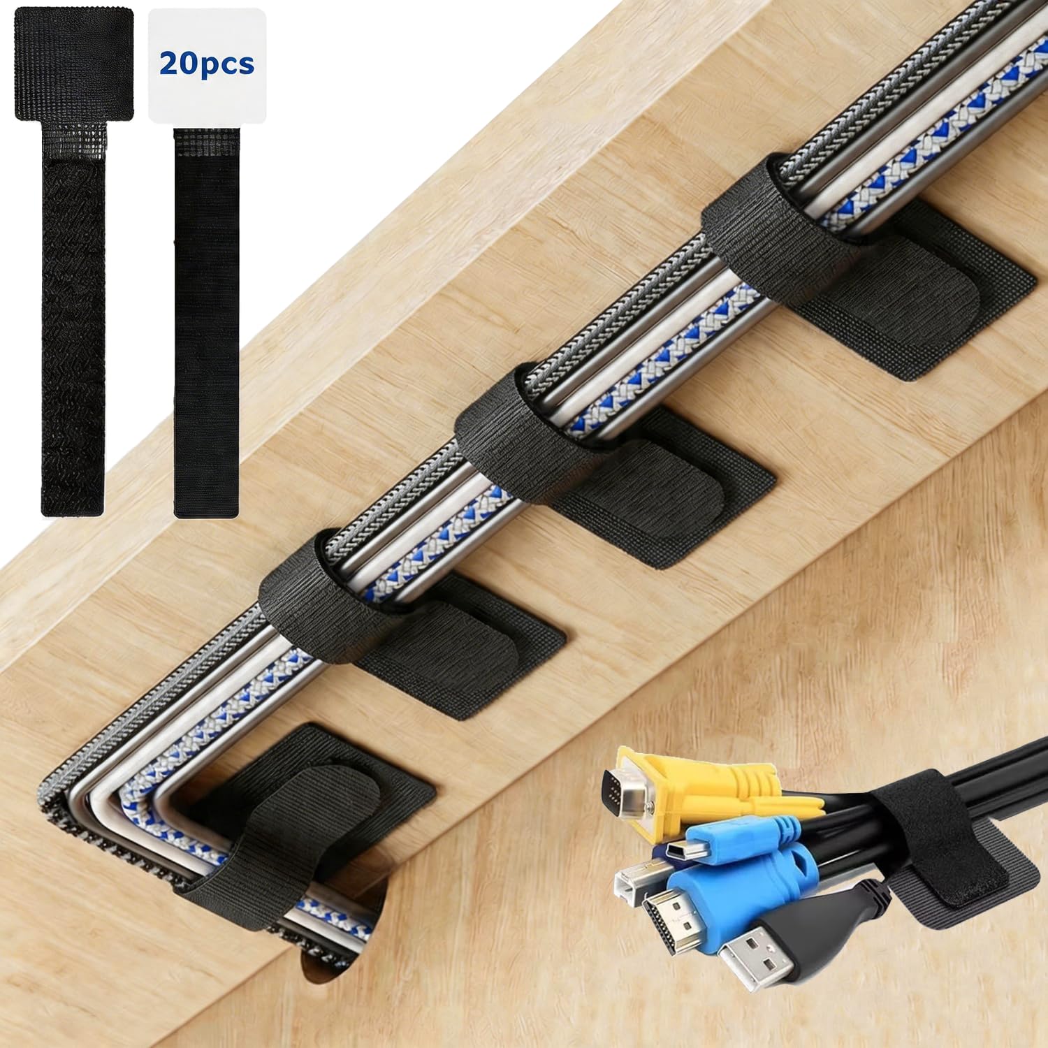 Topesct 20 Stück Kabelmanagement Schreibtisch 15cm Medium Kabelhalter Selbstklebend Kabel Verstecken Kabelführung Klettband Kabel Organizer für TV PC Desktop Lichterkette