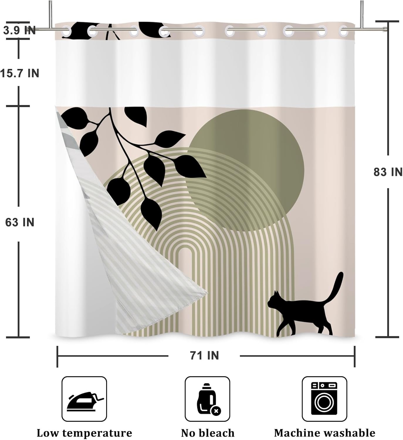 Baocicco No Hook Shower Curtain with Snap in Liner Minimalist Boho Mid Century Silhouette Cat Botanical No Hook Fabric Shower Curtains Set Double Shower Curtain for Bathroom Bathtub 71x83 Inch