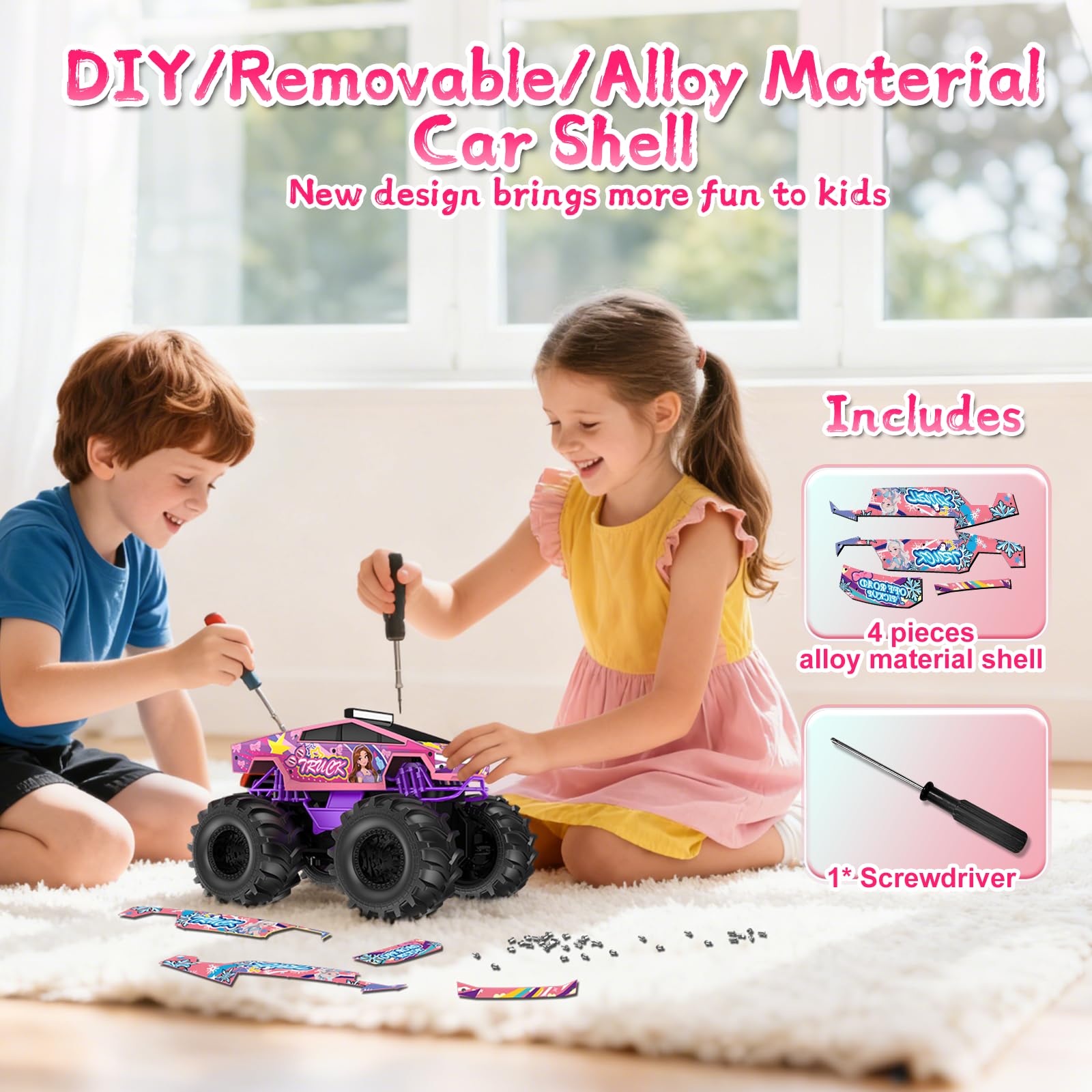 Amphibious Remote Control Car, 1:18 Pink Monster Truck Toys for Girls RC Cars, 2.4 GHz Waterproof RC Trucks, 4WD All Terrain Off-Road Pickup, Girls Christmas Birthday Gifts Presents Kids Toys Ages 6+