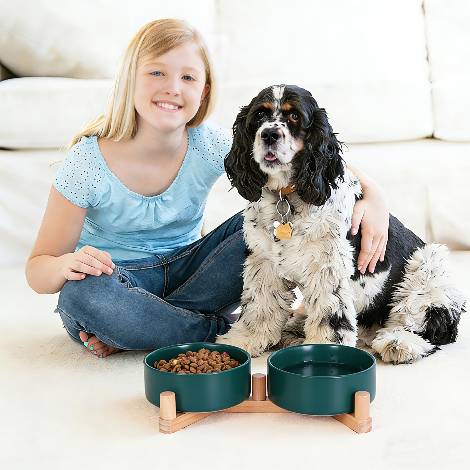 Lot de 2 gamelles en céramique pour chien et chat avec support en bois, bols lestés antidérapants pour nourriture et eau, double mangeoire surélevée pour petits chiens et chats, gamelles en vernis mat