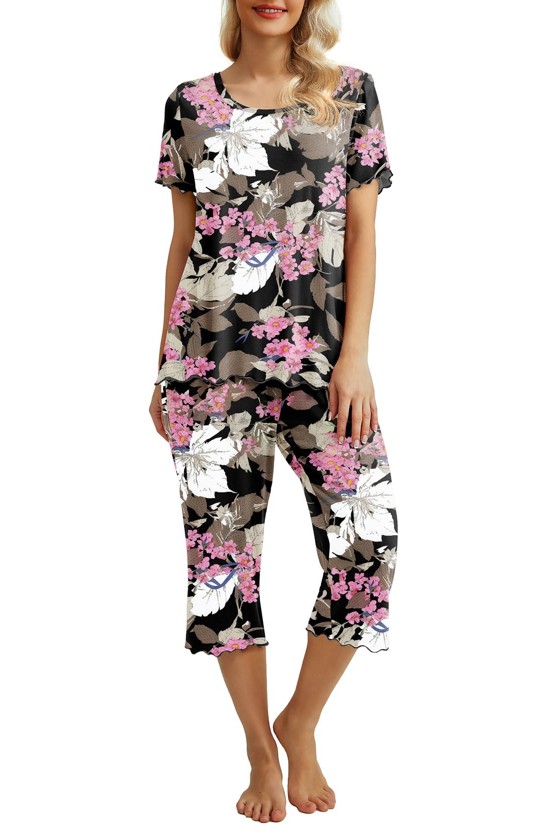 PrinStory Womens Pajama Sets Capri Pjs Set for Women Soft Pajamas Short Sleeve Sleepwear with Pockets