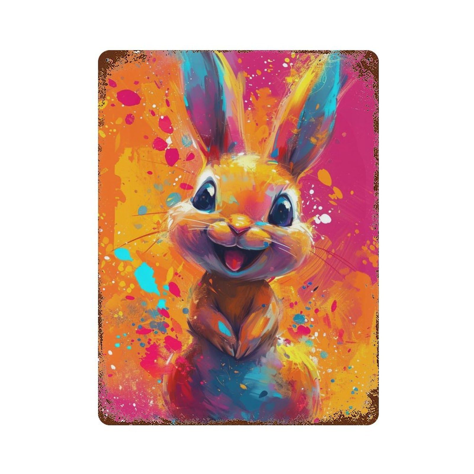 Garage Style Colorful Bunny Painting Distressed Metal Wall Sign 15.7"x11.8", Classic Wall Plaque for Bar And Workshop