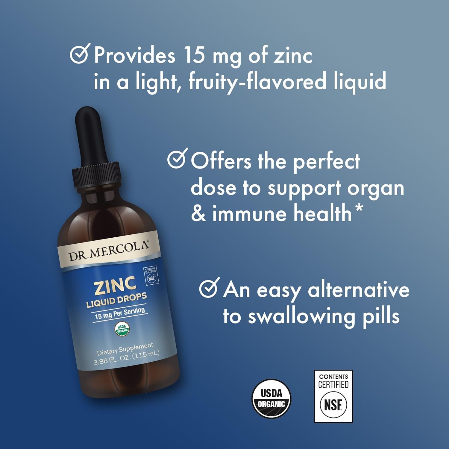 Dr. Mercola Zinc Liquid Drops - Supports Immune & Organ Health - 15 mg Organic Zinc Liquid Drops - USDA Organic - NSF Certified - Non-GMO, Gluten-Free & Soy-Free - 3.88 fl oz (28 Servings) - Image 6