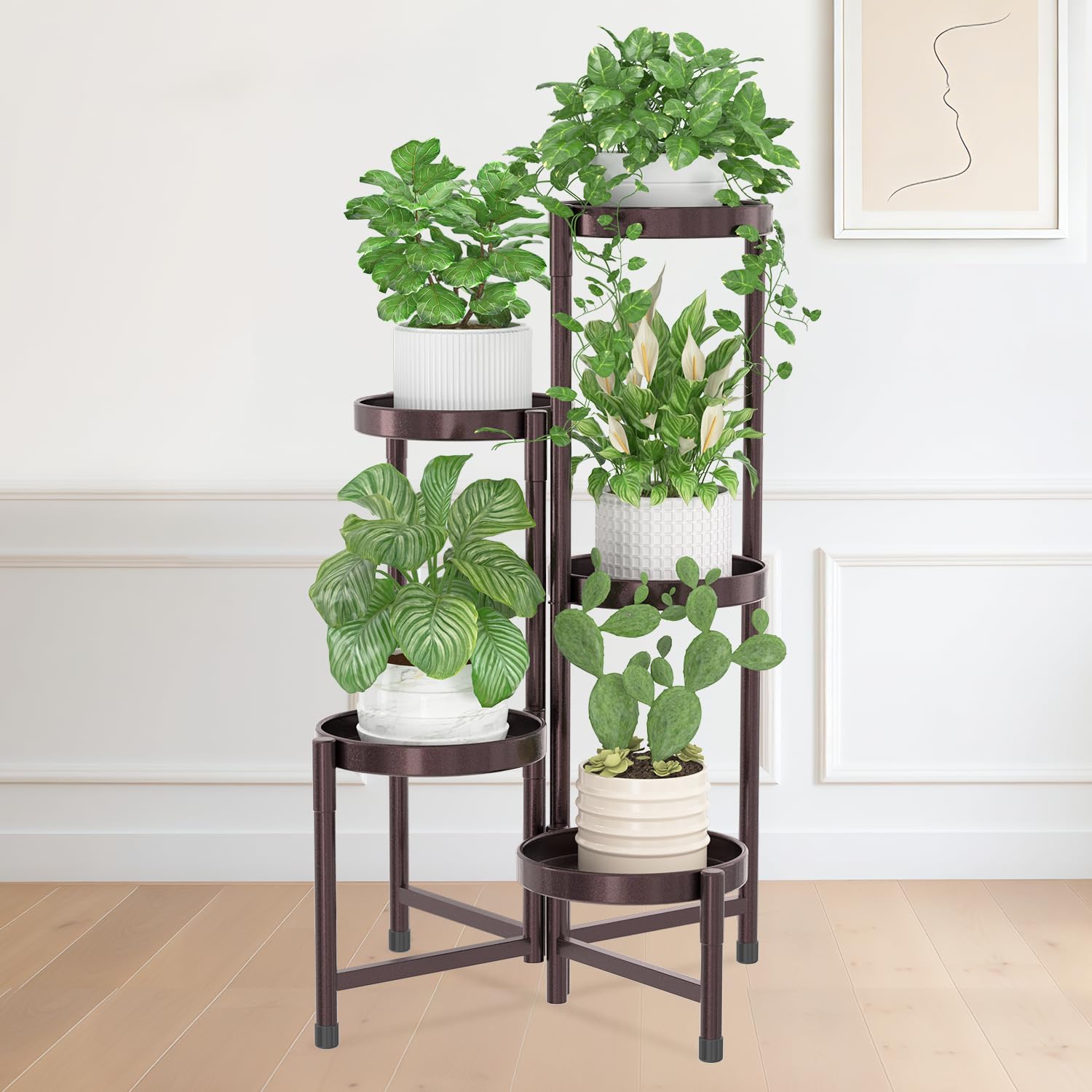 iDavosic.ly Plant Stand Indoor Outdoor, 5 Tier Corner Metal Flower Display Holder Shelf, Folding Tall Orchid Rack for Patio Balcony Porch Garden