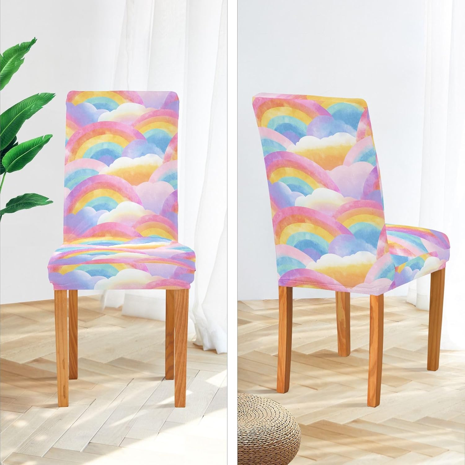 ALAZA Chair Covers for Dining Room, Cute Rainbow and Clouds Stretch Chair Cover Sets Chair Protector Removable Washable for Ktichen Restaurant Hotel