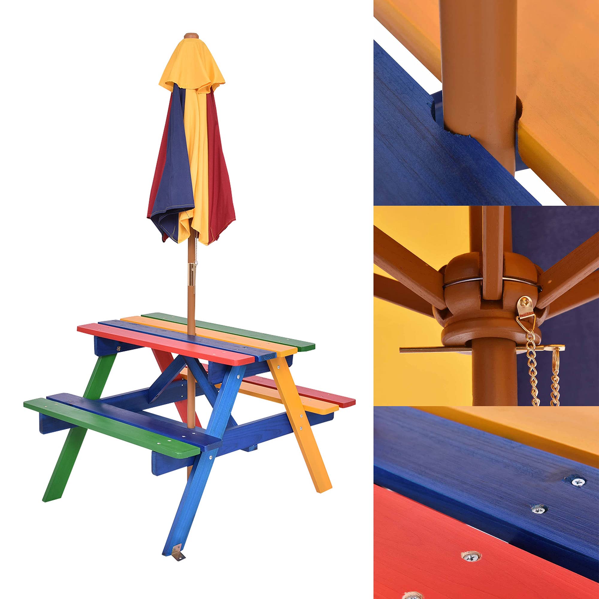 GIANTEX Set di Tavolo Picnic per Bambini in Legno Massiccio con Ombrellone, Set da Giardino per Bambini 1 Tavolo e 2 Panche Colorato per Giardino, Balcone, Campeggio