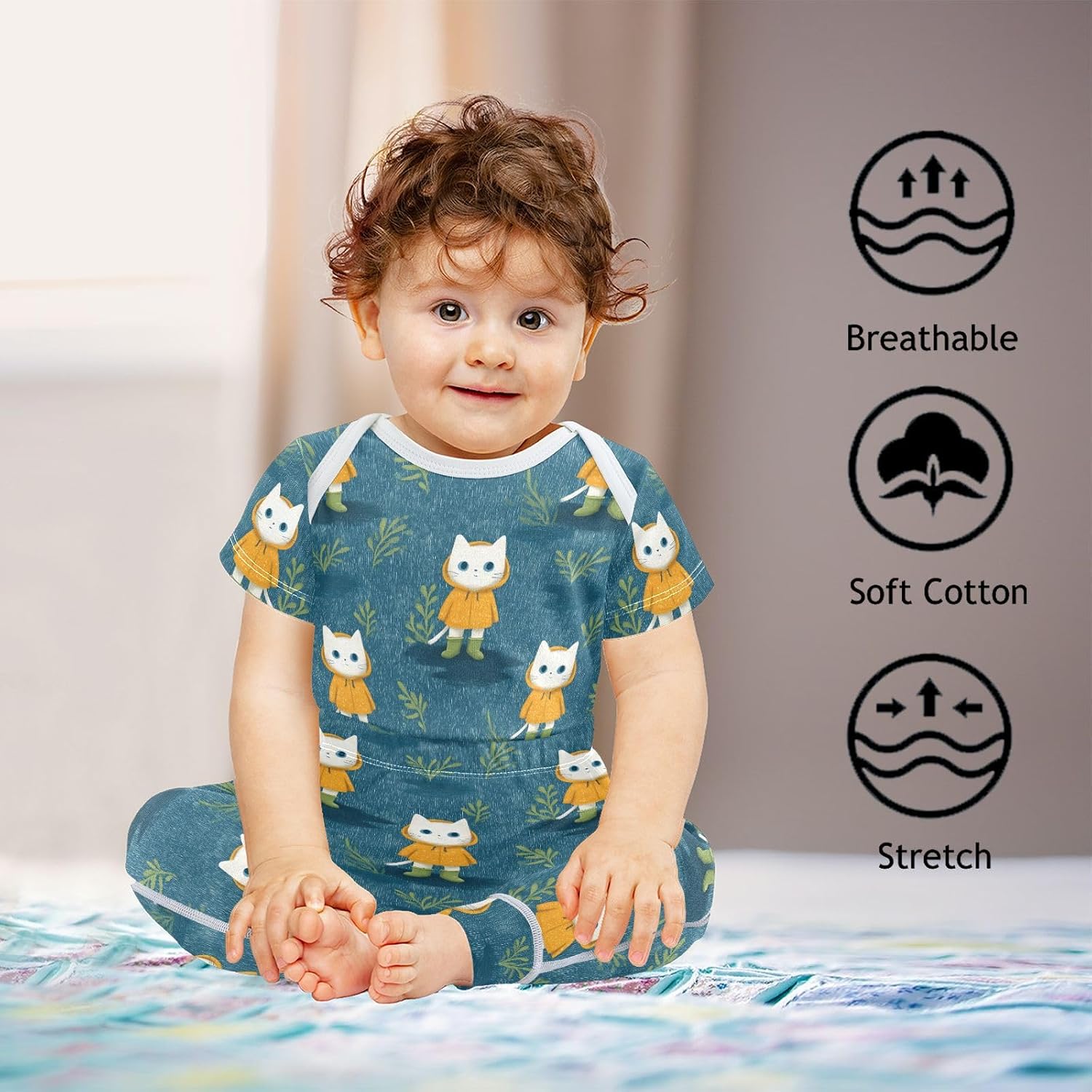 vvfelixl Baby Clothes Playful Cats Baby Bodysuits Set Unisex Short Sleeve Babys Pants Sets 0-3M