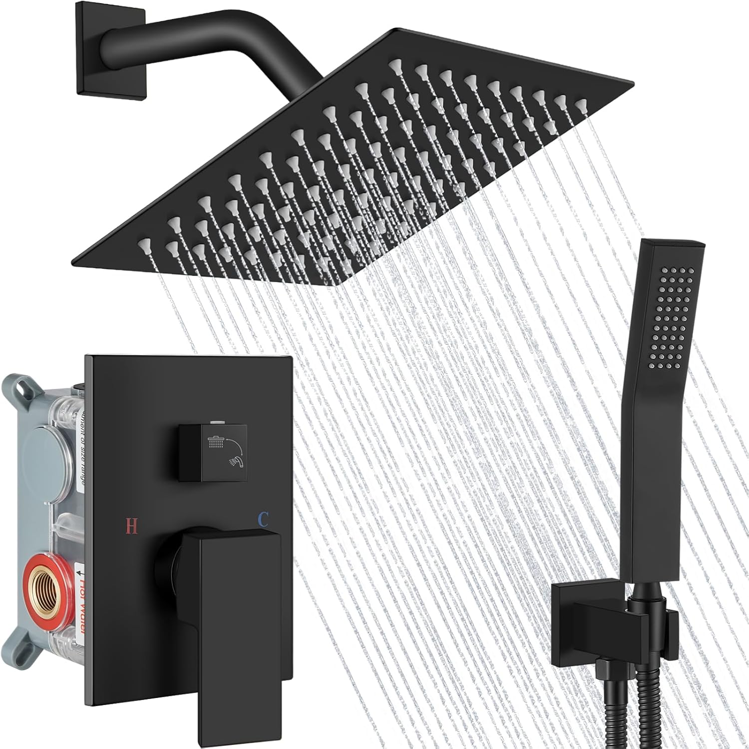 Midanya Shower Faucet Set,Wall Mount Shower System with Square Rain Shower Head and Hand Sprayer, Rough-in Valve Body and Trim Kit Included,8 Inch,Matte Black
