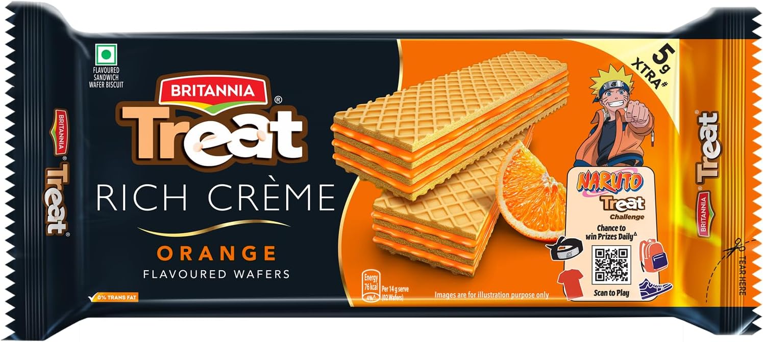 Britannia Treat Crème Wafers - Orange Flavoured Wafer Biscuit | 55 gm