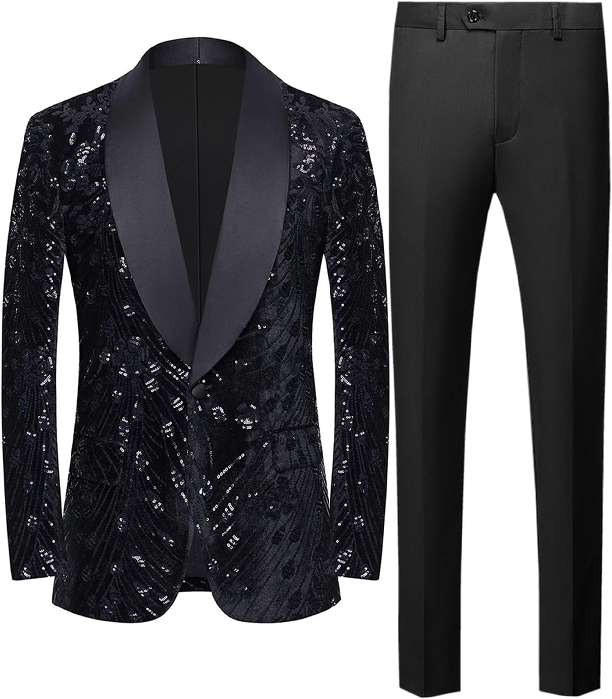 Men's Sequin Tuxedo Jacket & Black Dress Pants Set, Floral Blazer Suit for Prom Wedding Formal Events Party