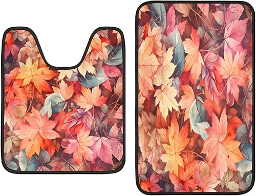 Pardick 2 Pieces Bath Mat Set, Fantastic Maple Leaves U-Shaped Bath Mat Toilet Rug Bathroom Mat Set with Bath Rug Mat, Abstract Leaves Mat for