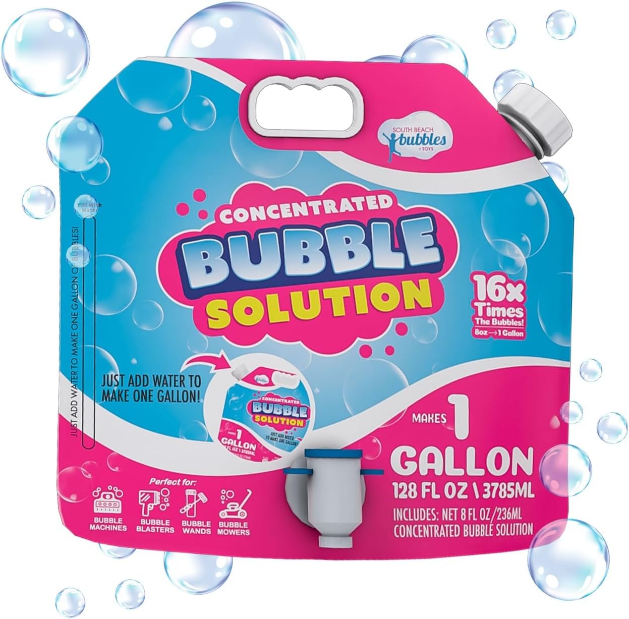 Bubble Solution Refill with Dispenser, Concentrated Bubble Liquid Makes 1 Gallon (128oz), Safe and No-Stain Formula for Kids, Easy-Pour Bubbles Refill for Machines, Blasters, and Guns
