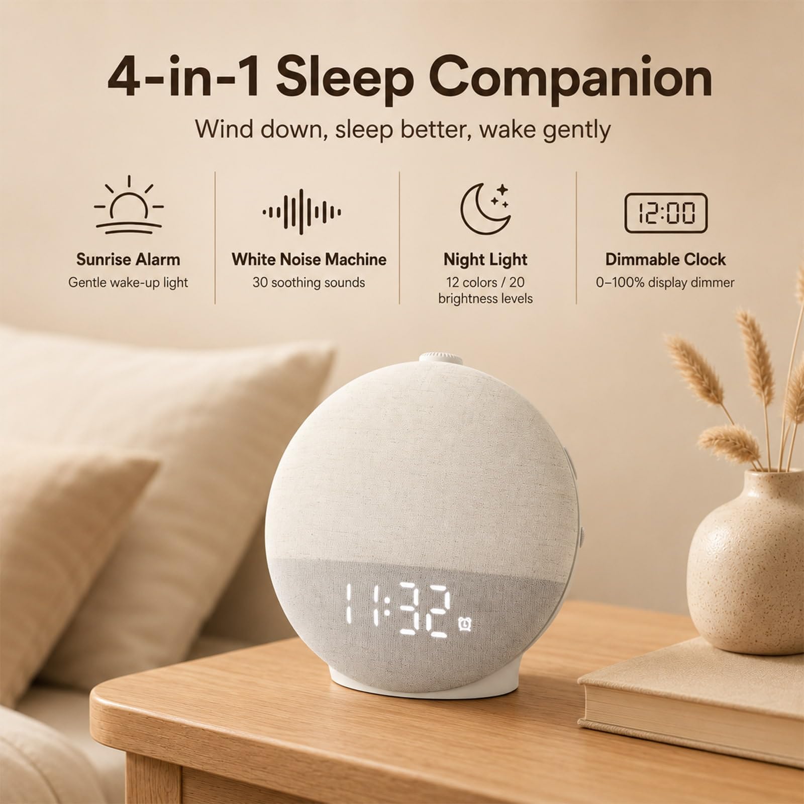 Reloj despertador Sunrise con máquina de sonido, luz natural de despertar con luz nocturna, 30 sonidos de sueño, altavoz Bluetooth, reloj despertador de máquina de ruido blanco para