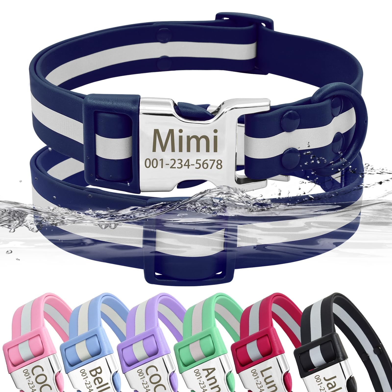 Senristar Personalised Waterproof & Reflective Dog Collar with Name Plate,Custom Easy Clean PVC Dog Collar with Buckle Engraved ID Name and Number (M(Width:3/4'', Fit 12.5''-20.0''),Navy Blue)