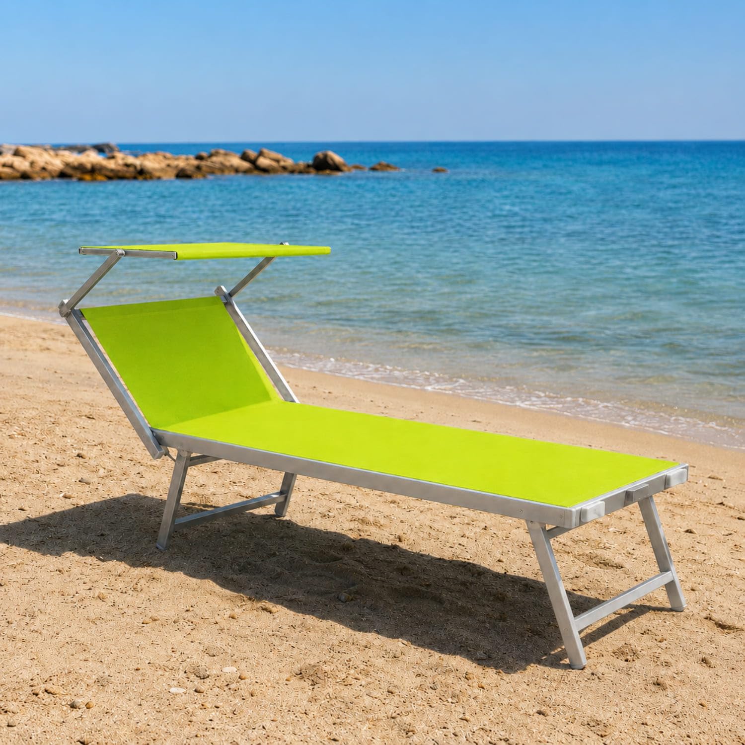 Lettino Prendisole Pieghevole Professionale In Alluminio E Tessuto Textilene Tettuccio Orientabile Tettino Parasole Sdraio Prendi Sole Mare Spiaggia Piscina Giardino Verde Fluo 182 x 60 x 38 cm