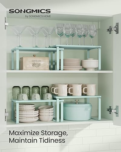 Vista 116 de SONGMICS Estante organizador de gabinete, juego de 2 estantes de encimera de cocina, almacenamiento de cocina, estante de especias, apilable, Blanco
