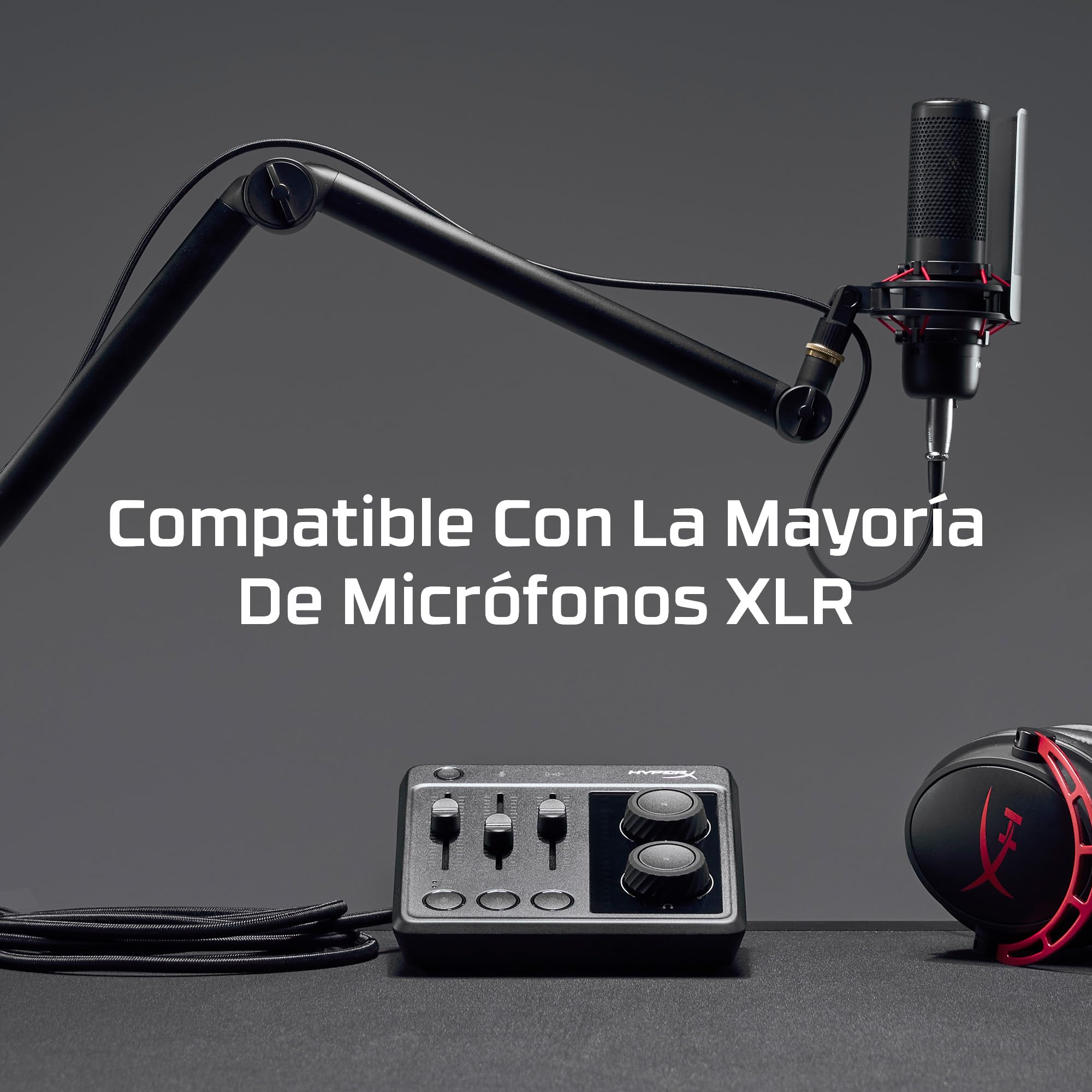 HyperX Audio Mixer - Mezclador de audio para streaming, gaming, control de volumen, alimentación Phantom 48v, incluye cables XLR, USB, 3.5mm, Negro