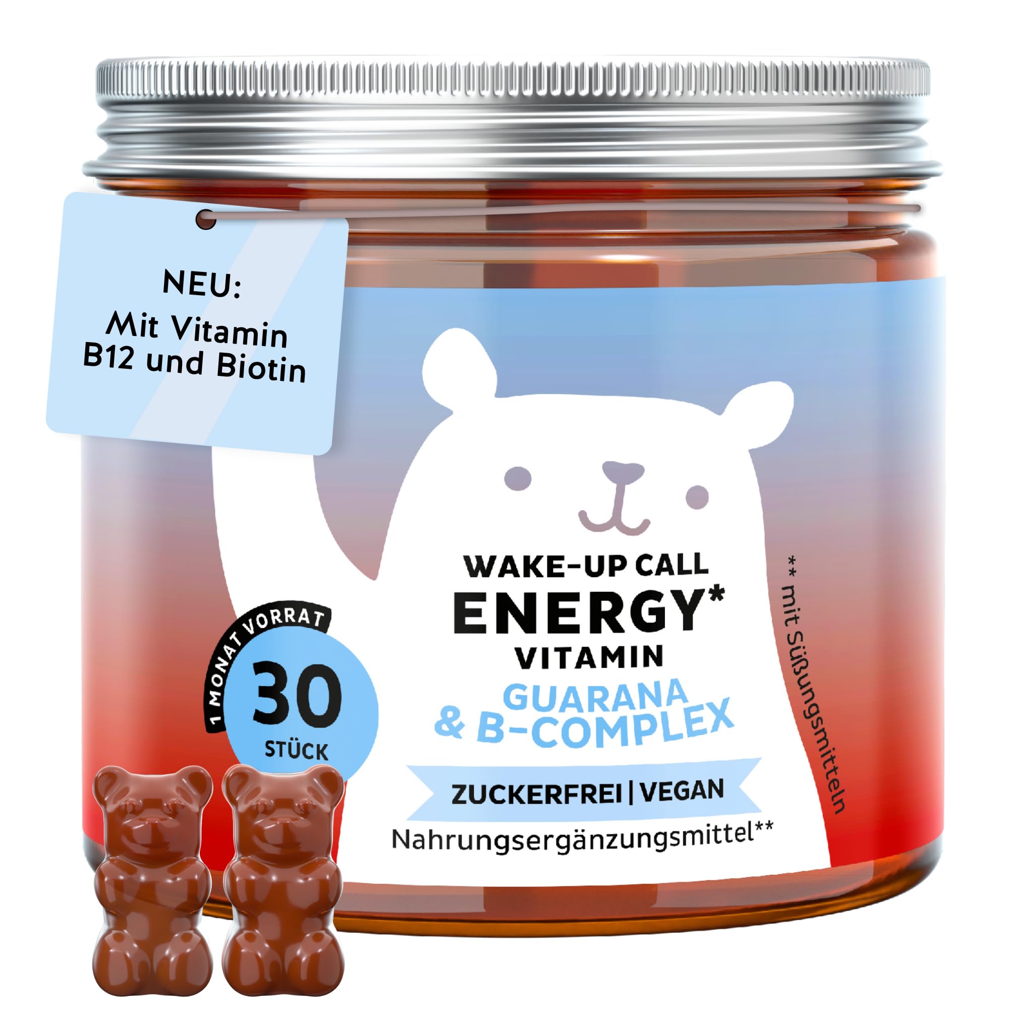 Wake Up Call Energy Vitamin – Natürliche Energie-Unterstützung mit 30 mg Guarana, Vitamin B6, B12 & Biotin – 30 Gummies (1-Monat-Vorrat) – Zuckerfrei, Vegan – Bears with Benefits