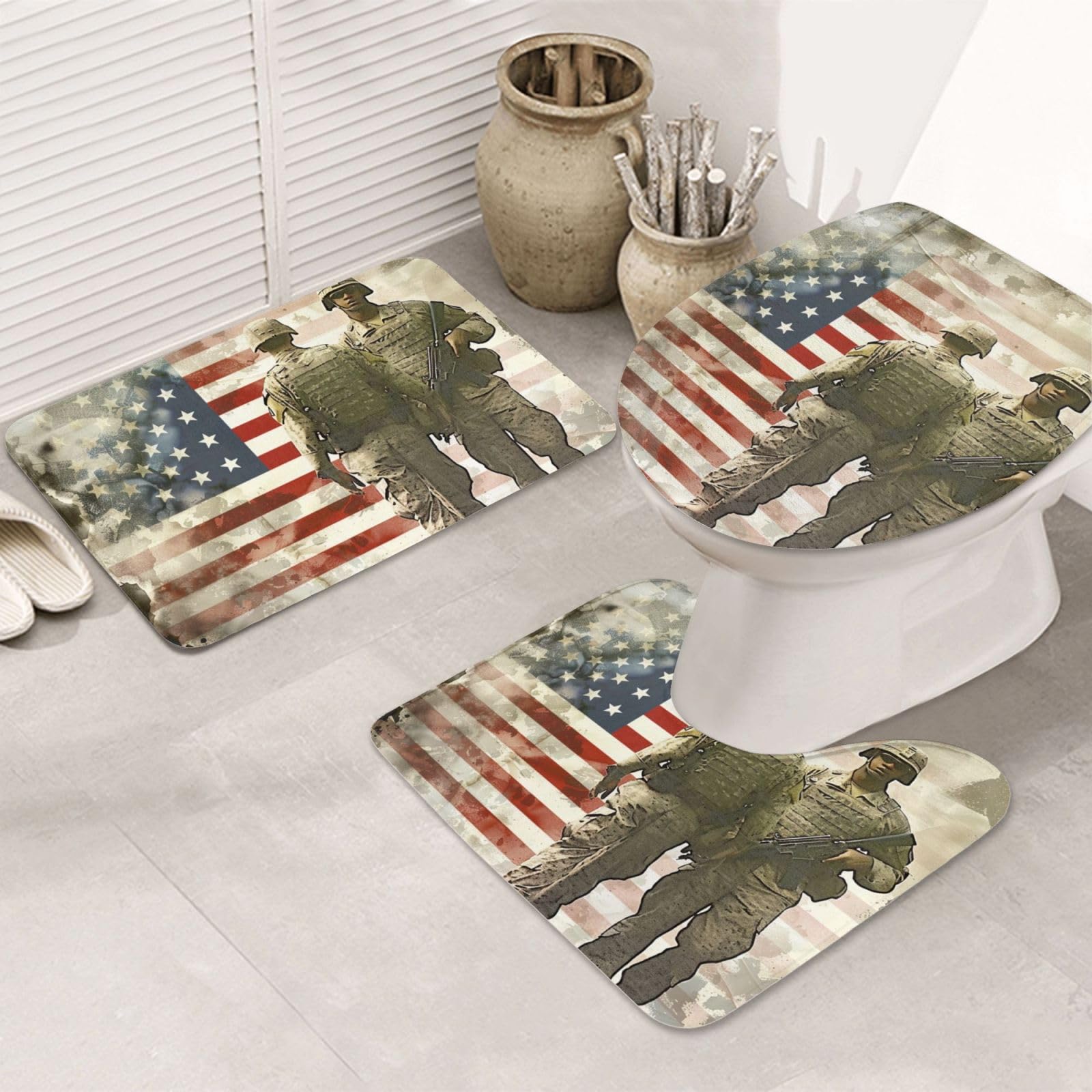 Tapis de bain en flanelle motif soldats américains lot de 3 pièces