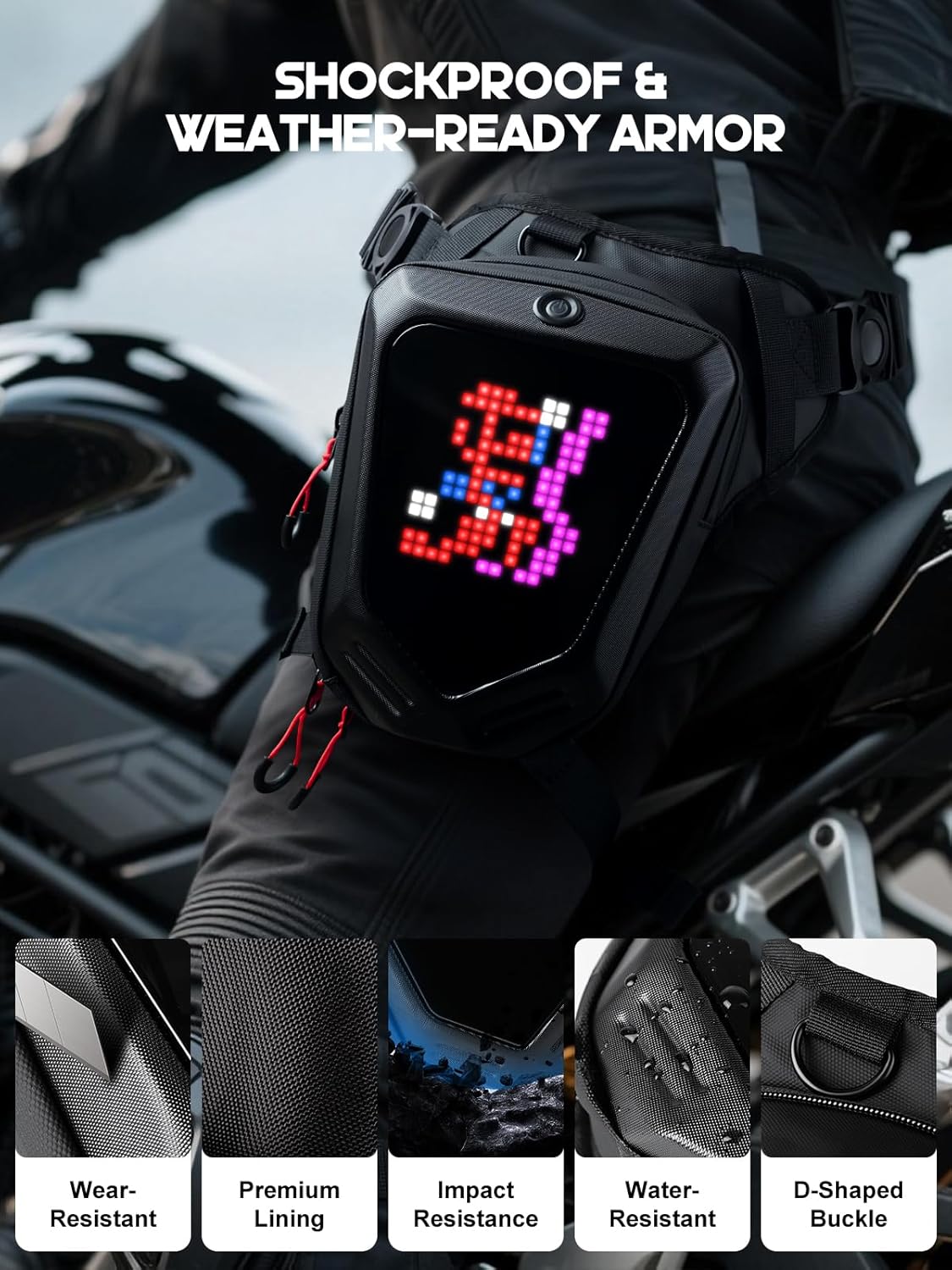 [Battery not included] Gelrova LED Thigh Bag, Programmable LED Drop Motorcycle Leg Fanny Pack Expandable Storage Tank Bags for Racing Bike Cycling