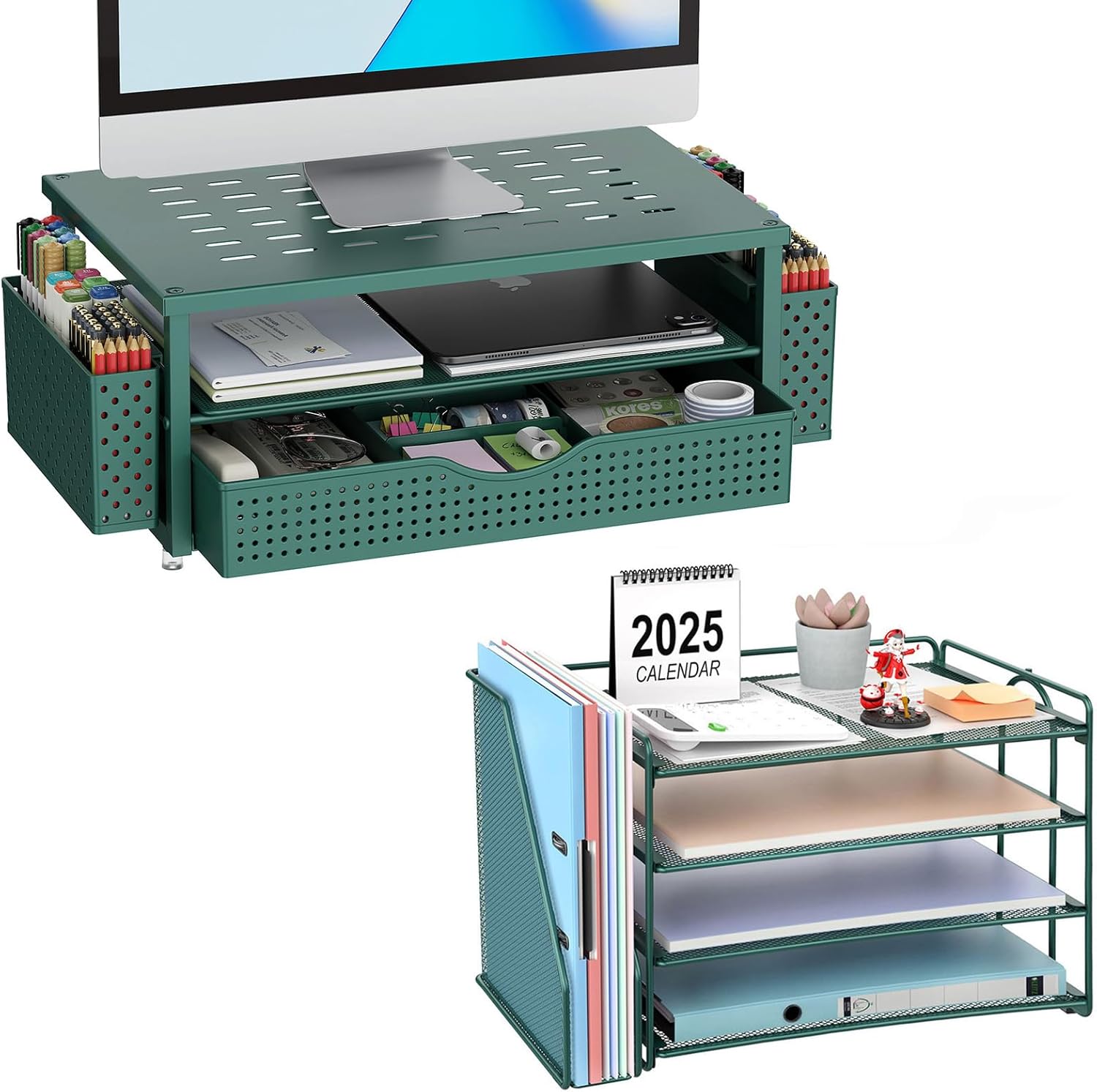 gianotter Monitor Stand with Storage + 4-Tier Paper Organizer (Green)