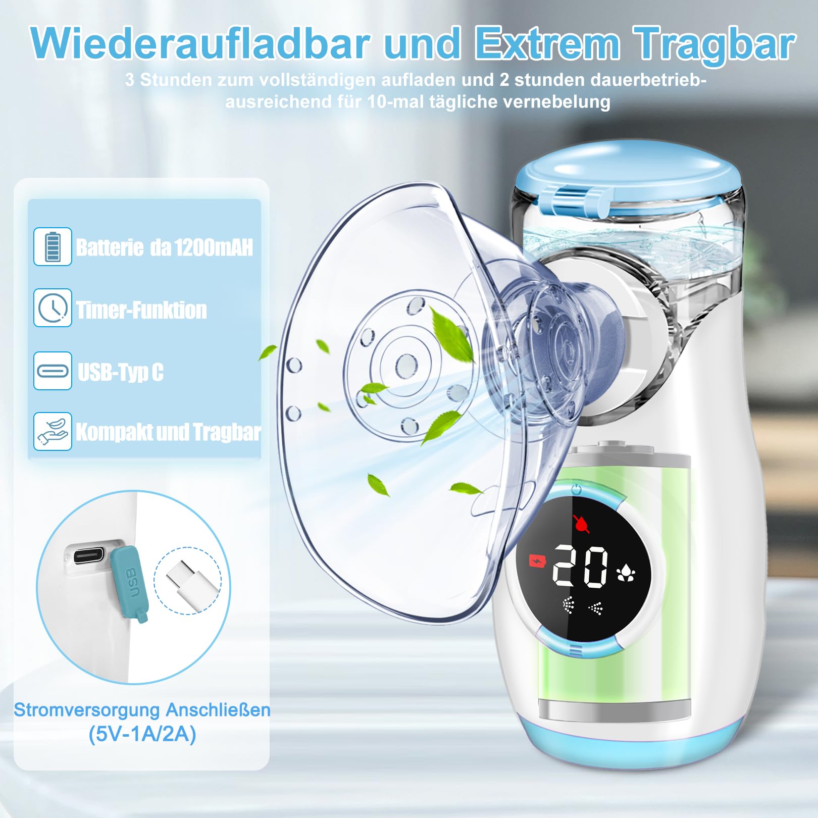 Inhalationsgerät mit Digitaler Anzeige, Inhaliergeräte für Erwachsene und Kinder, Inhalator Inhaliergerät Vernebler mit Gesichtsmaske & Mundstück, Ultraleicht Klein, Leicht zu Tragen
