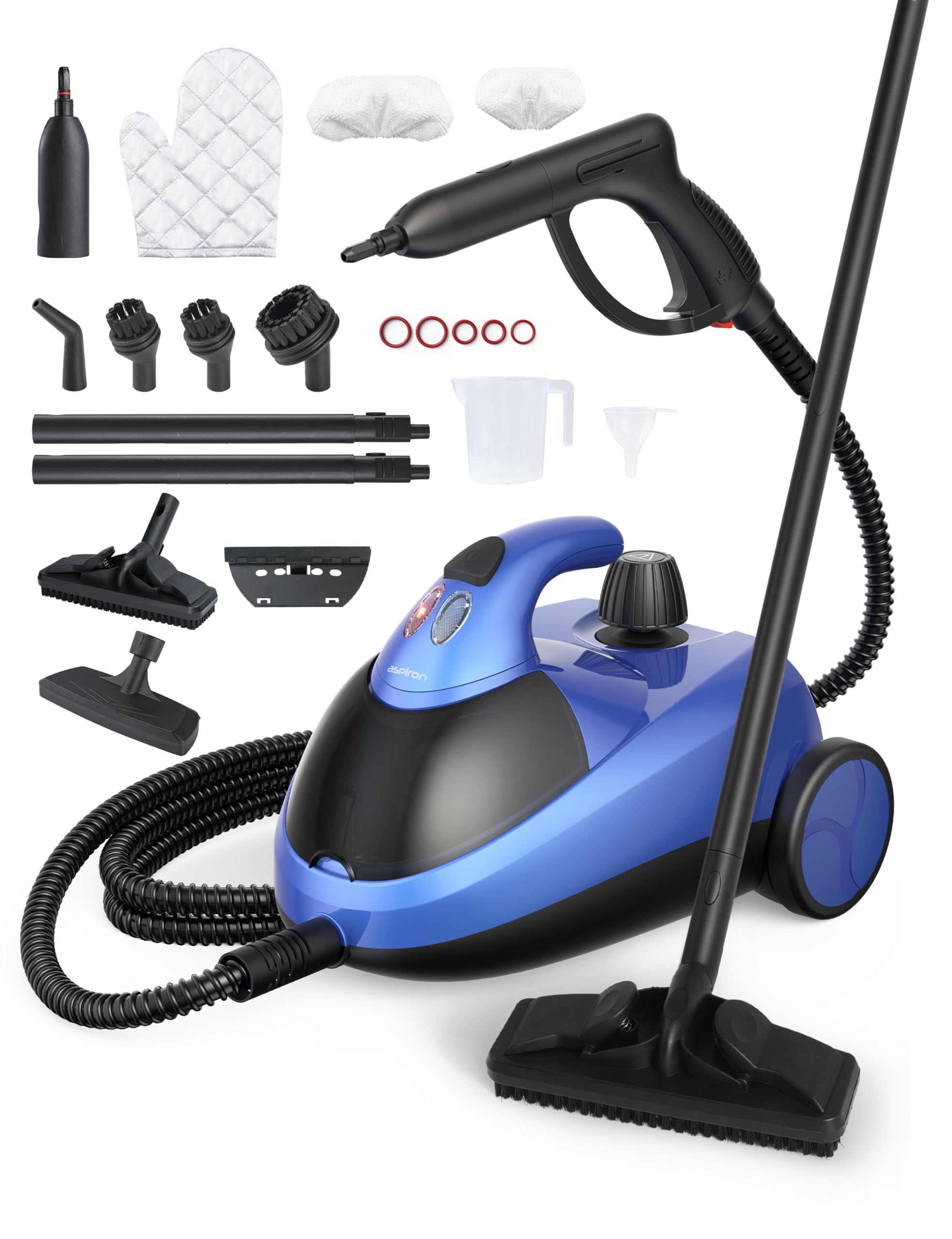 Aspiron Steam Cleaner, Multipurpose Heavy Duty Canister Steamer, Built-In Storage, Handheld Steam Mop for Home Car Upholstery Bed Furniture Carpet Bathroom Tile Grout Floor Cleaning, Blue