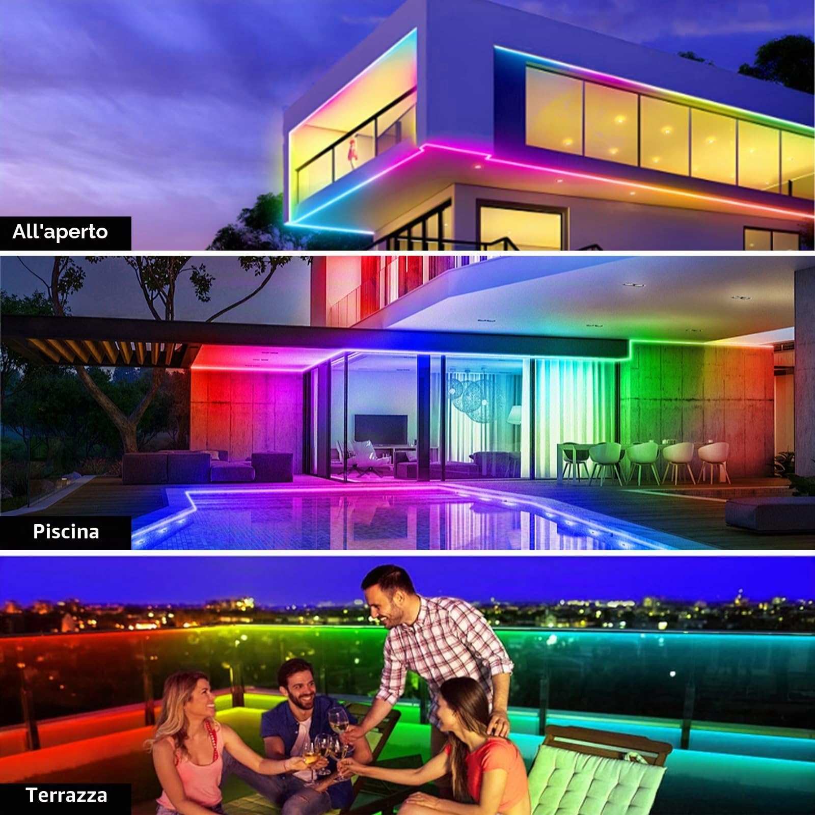 130 piedi (2 rotoli da 65 piedi) Striscia luminosa LED per esterni impermeabile, IP68 RGB+IC Striscia luminosa per esterni con App/telecomando, Modalità Chase, Sincronizzazione con la musica
