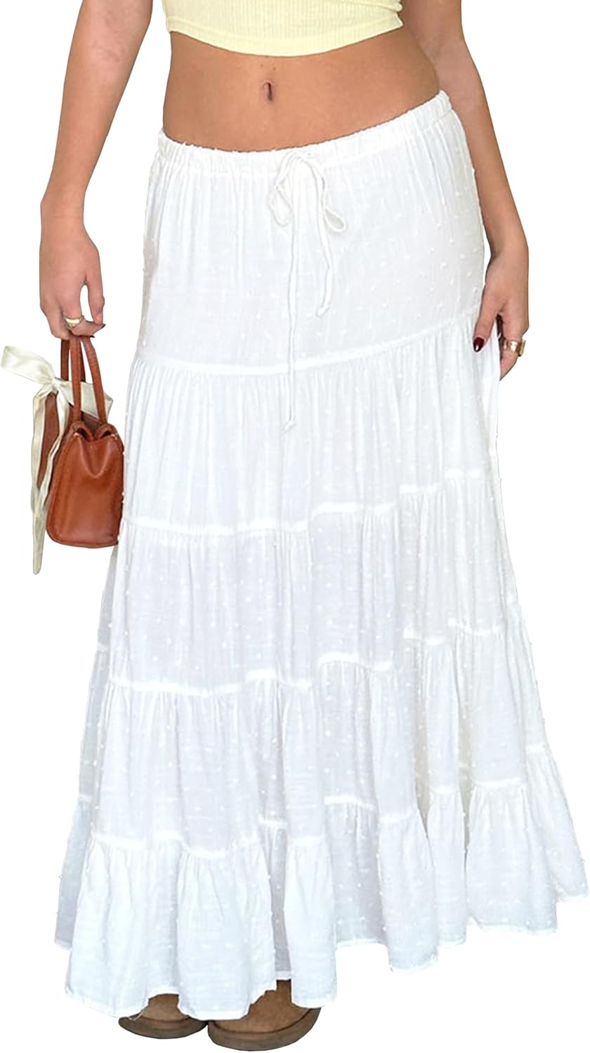 Womens casual high waist ruffle boho pleated long skirt