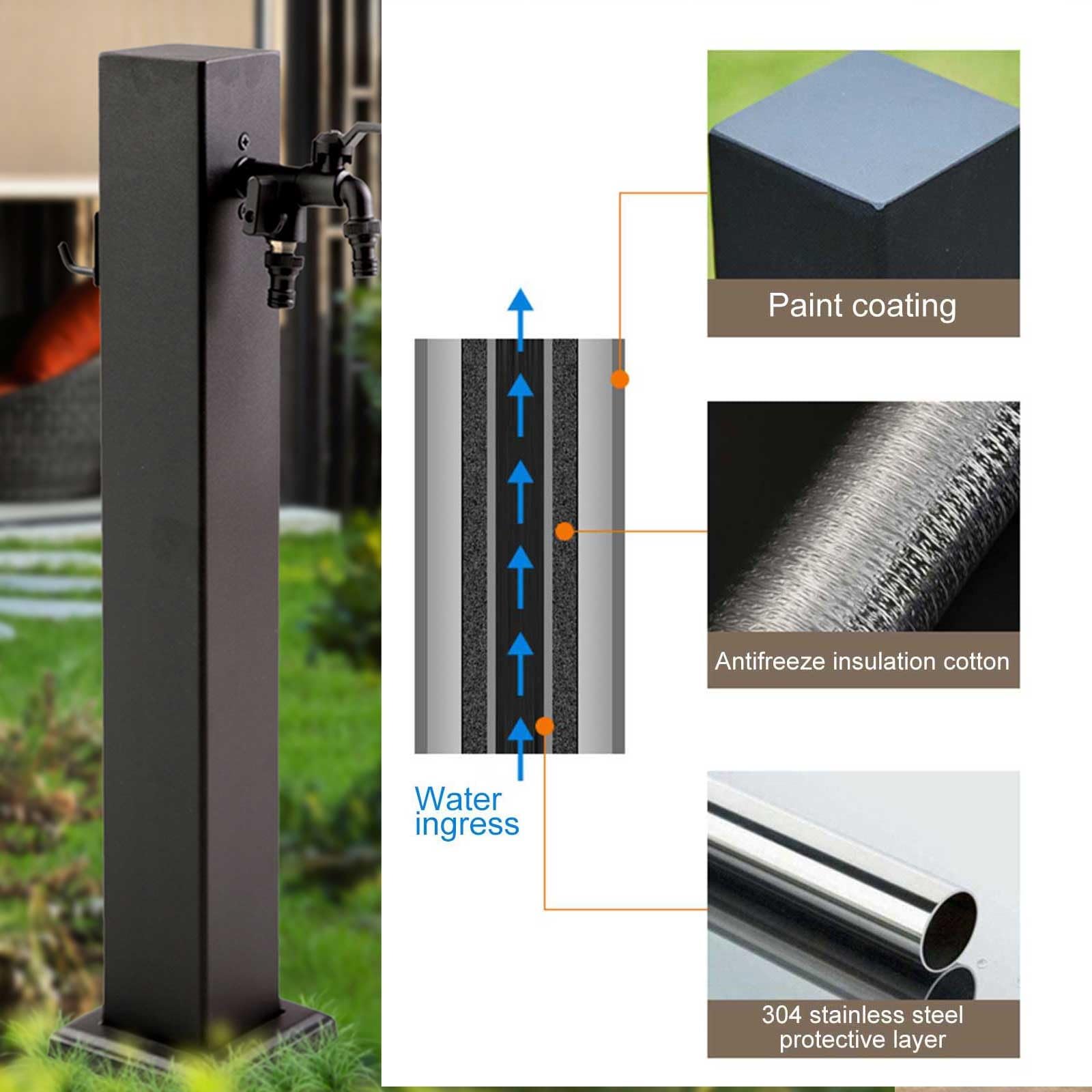 Colonna d'Acqua da Giardino Quadrata Verticale in Acciaio Inossidabile 304 con Rubinetto e Supporto per Tubo Flessibile, Rubinetto Indipendente(80cm/31in)