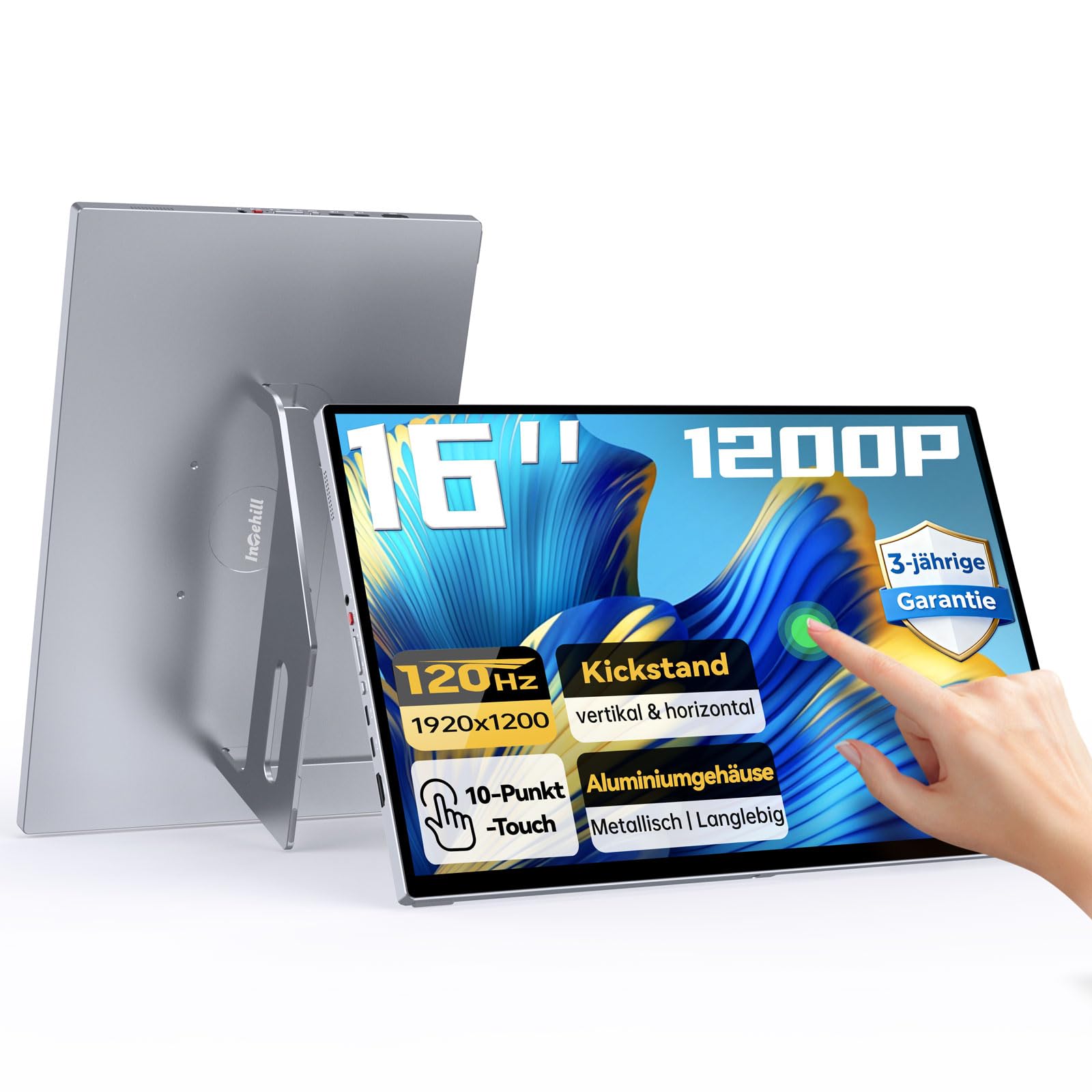 Intehill Tragbarer Monitor 16 Zoll 120Hz Touchscreen Gaming, USB-C FHD 1920x1200 IPS 300 Nits 100% sRGB, Aluminiumgehäuse mit Lautsprecher, VESA, für PC/Mac/Switch/PS5 - T16PB（Grau）