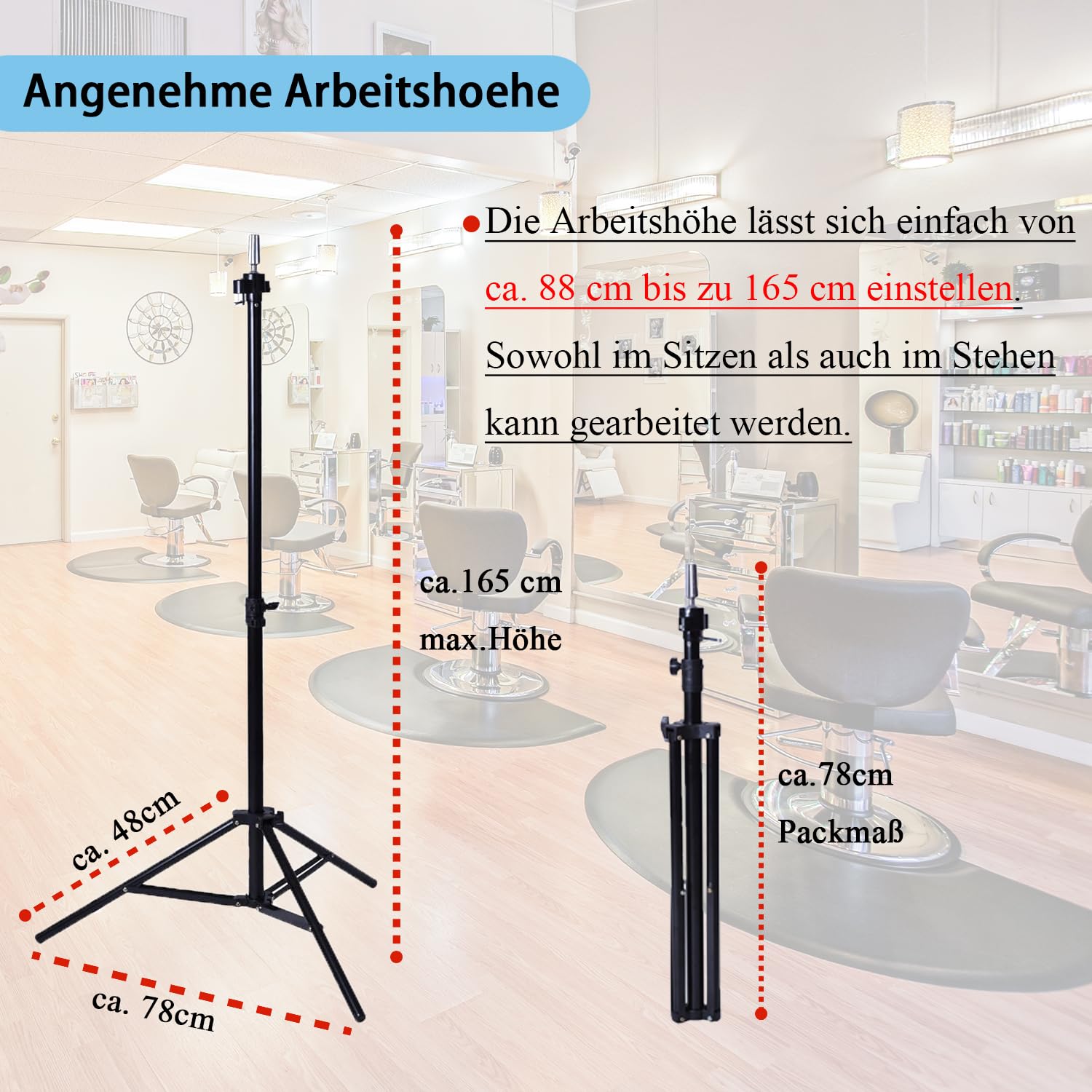 Übungskopf Ständer Stativ für Frisierkopf Perückenkopf Ständer Puppenkopfständer 88-165cm mit Aufbewahrungstasche und extra Abteilklammern