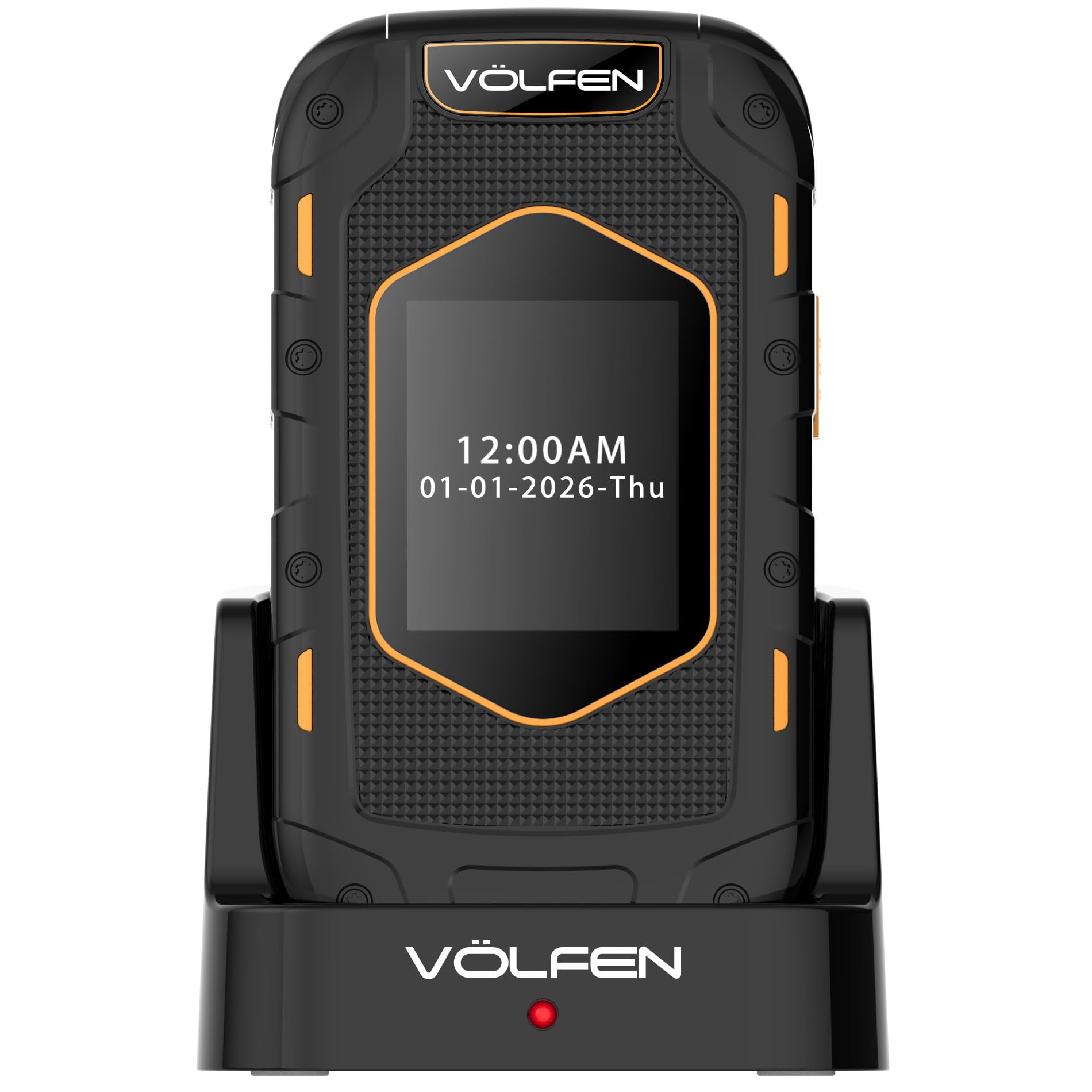 Ranger - Telefono robusto per anziani, doppio schermo, pulsanti e tasti grandi, facile da usare, USB-C, 3 memorie dirette, base di ricarica, nero/giallo