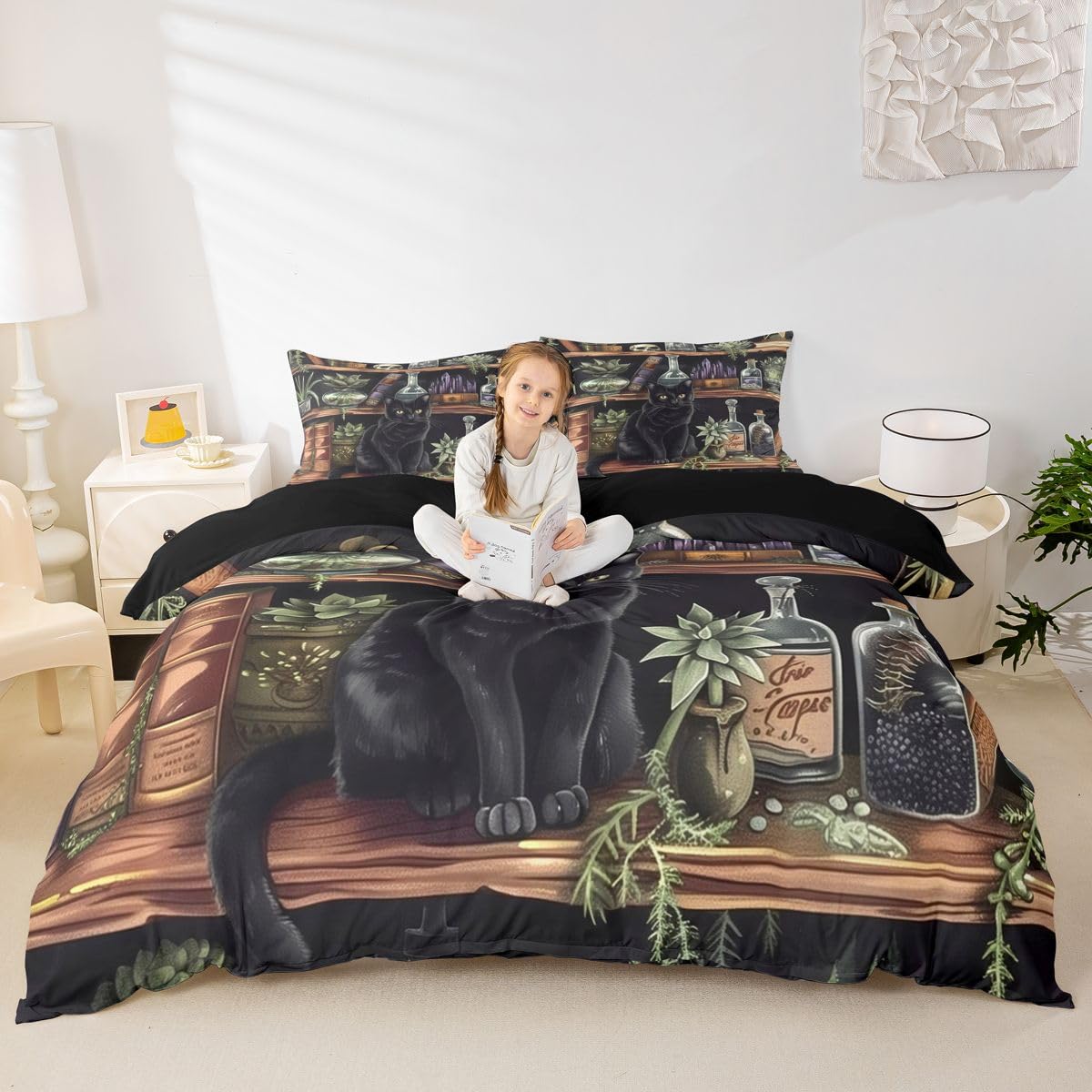 Homewish Zestawy pościeli na książki King Cat poszwa na kołdrę dla dzieci chłopców dziewcząt lotos książka roślina doniczkowa zwierzę wzór poszewka na kołdrę szklana butelka cukier czaszka pościel