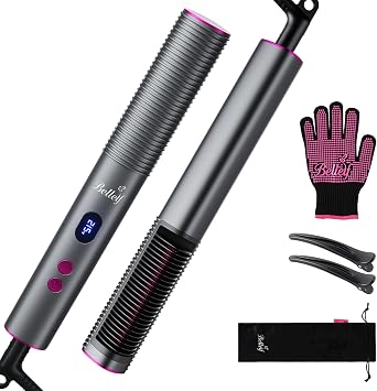 Straightening Brush Anti-scald Straightener with LED Display 30s Fast Warming Straightening Comb Prevents Hair Pulling Professional Hair Straightener for Straightening 9 Heat Levels 125°C - 215°C Grey
