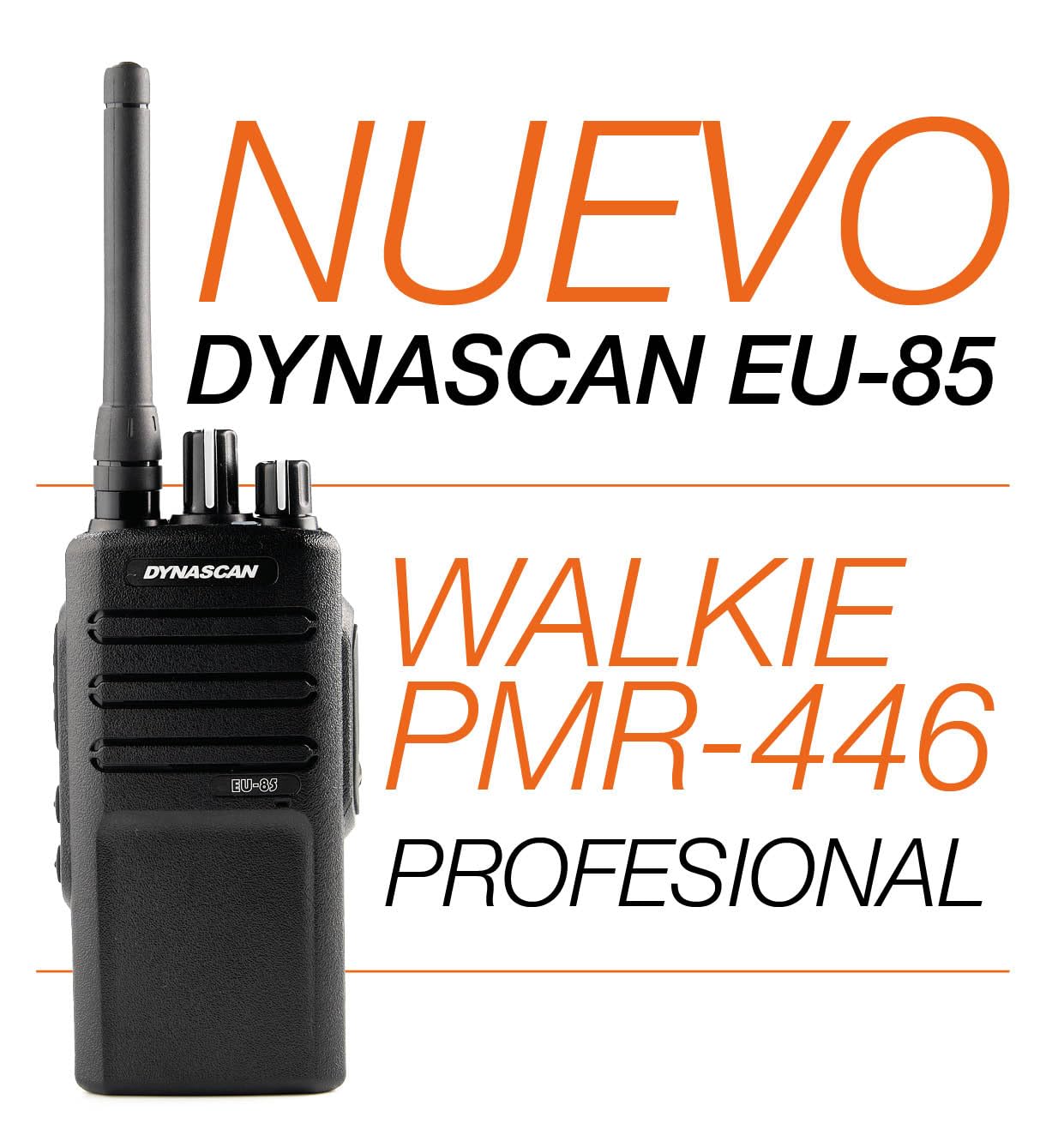 Dynascan EU-85 Walkie-Talkie PMR-446 Profesional - Transceptor de Uso Libre Sin Licencia, Chasis Metálico IP55, 16 Canales y Teclas Programables