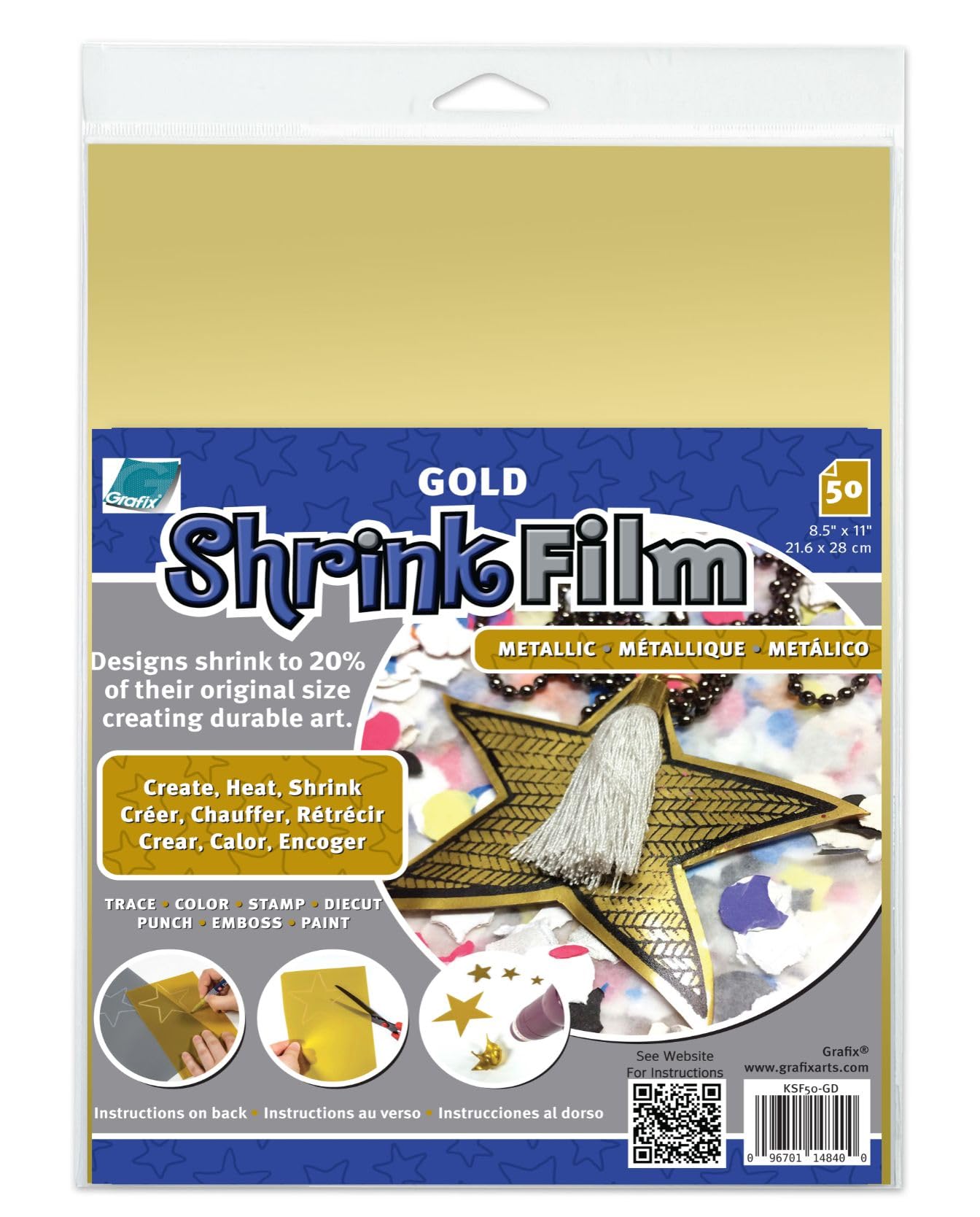 Grafix Metallic Shrink Film, Gold Opaque, 8.5 x 11 in, Pack of 50