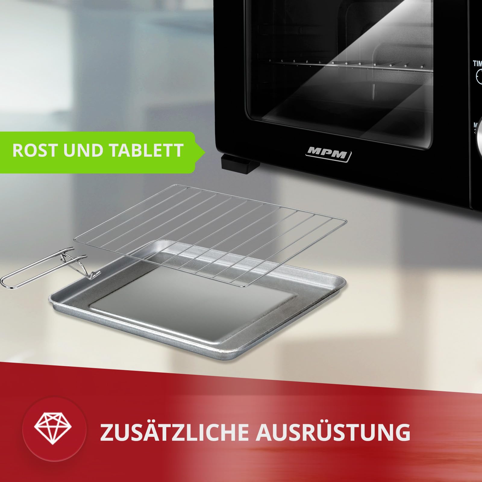 MPM - MPE-13 - Mini-Backofen - Freistehend - 10 L- mit Ober-/ Unterhitze - mit Backblech und Gitter - 4-stufige Temperaturreglung 90-230°C - mit Drehknopf - Pizza-Ofen - Klein - Schwarz