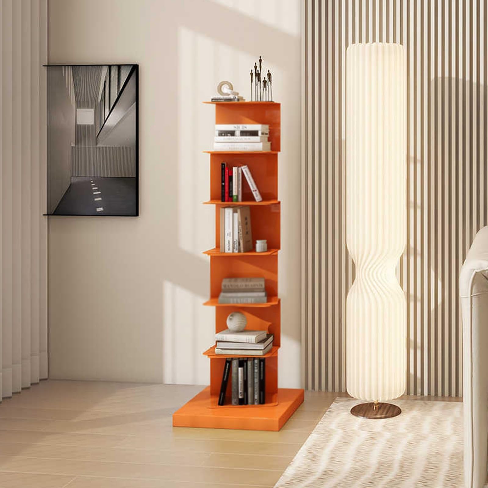 Libreria a Torre con Colonna Verticale in Metallo, 5 Ripiani, Stretta, a Scala, per Piccoli spazi, espositiva, scaffale Bianco per Ufficio Domestico