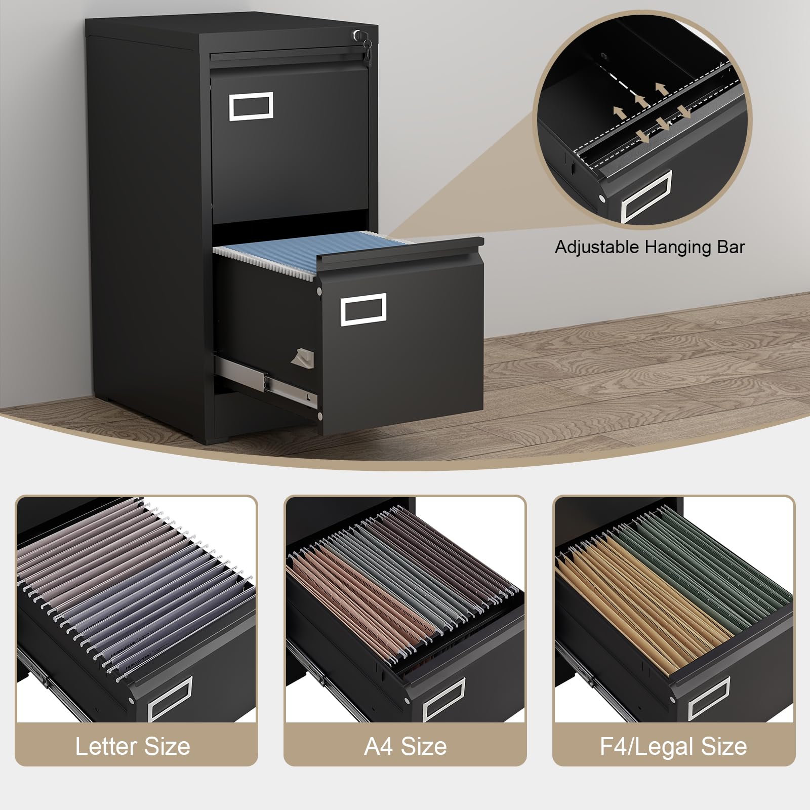 2-Drawer Locking File Cabinet – Small Black Metal Cabinet For Home Office, Under Desk Storage