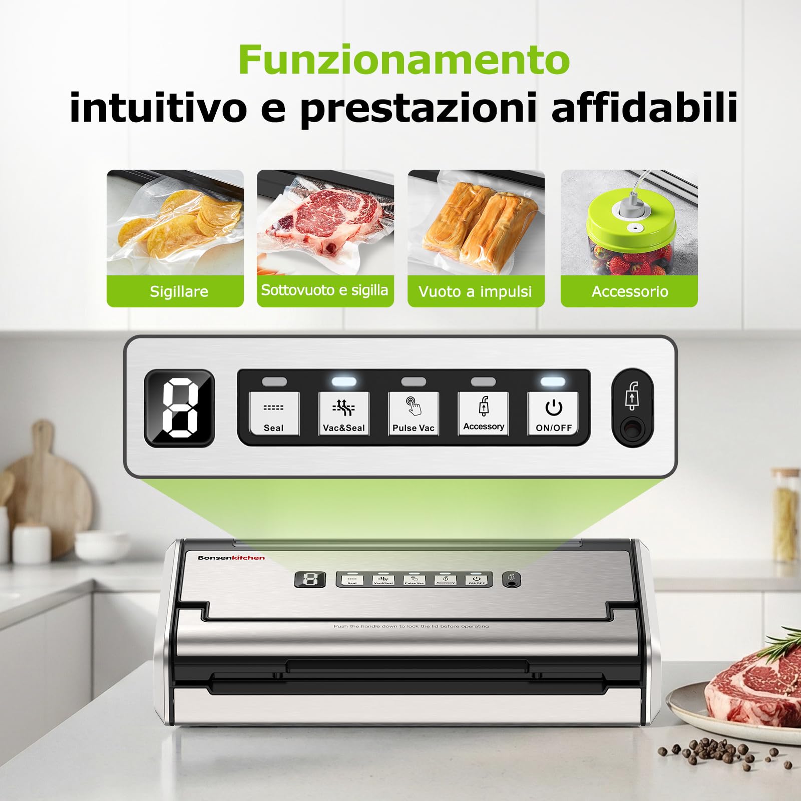 Bonsenkitchen Macchina Sottovuoto, Sigillatura Larga 5mm Antigoccia, Acciaio Inox, Una Mano & Pulse Secco/Umido, Macchina Sottovuoto ad Alte Prestazioni incl. 1 Rotolo & 10 Sacchetti, VS4200