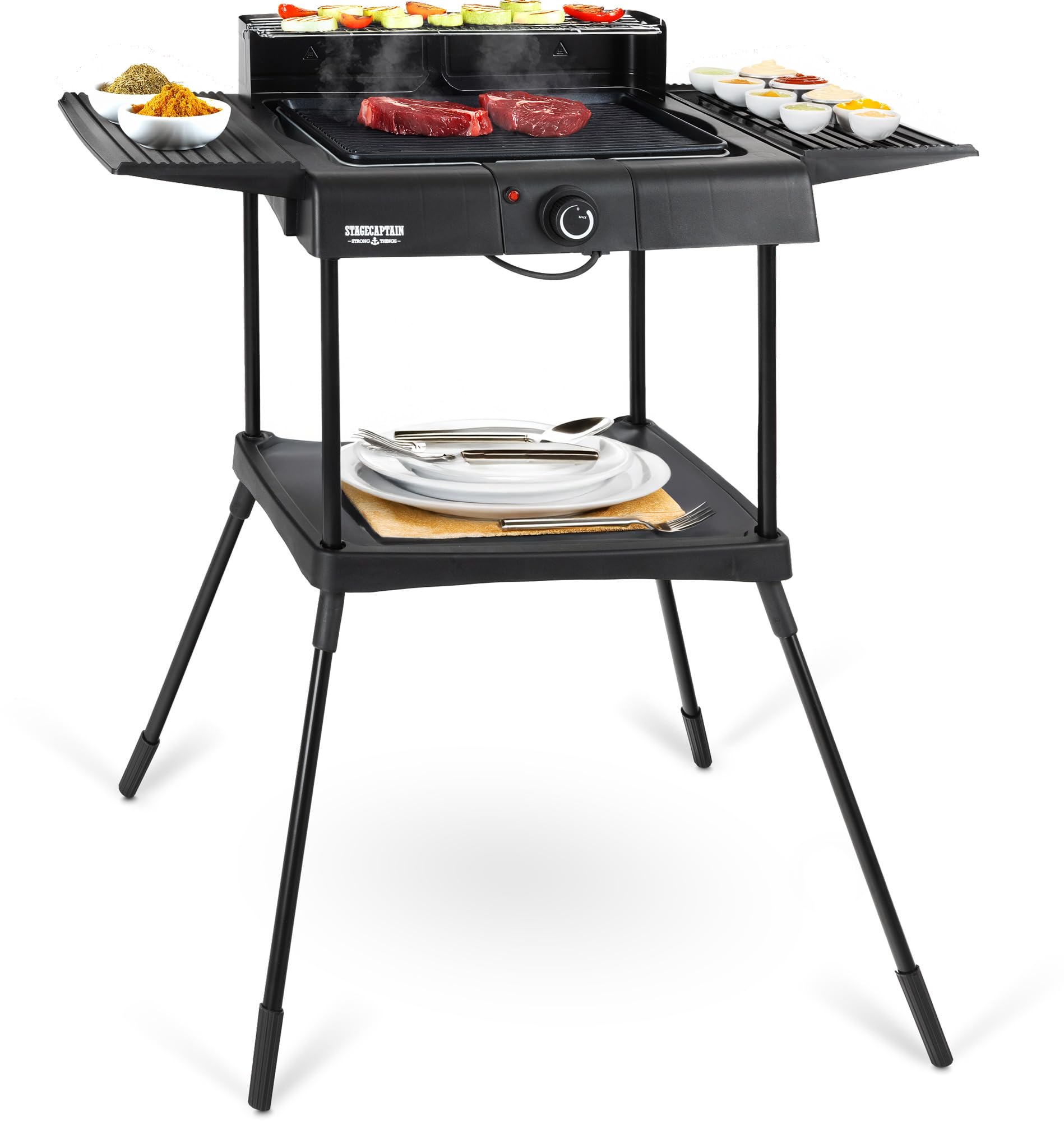 Stagecaptain EBBQ-2000 Grill Électrique 2000W 3en1 - Table/Pied, Grille & Plaque, Intérieur/Extérieur, Antiadhésif, Bac à Graisses, Réglage Continu.