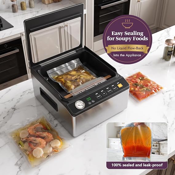 Mesliese Chamber Vacuum Sealer, 6L Food Sealer with 11.3 Dual Sealing Bar, Built-in Cutter, External Vacuum & Quick Marinate, Includes Vacuum Roll & Universal Lids for Dry Wet Soupy Foods & Sous Vide